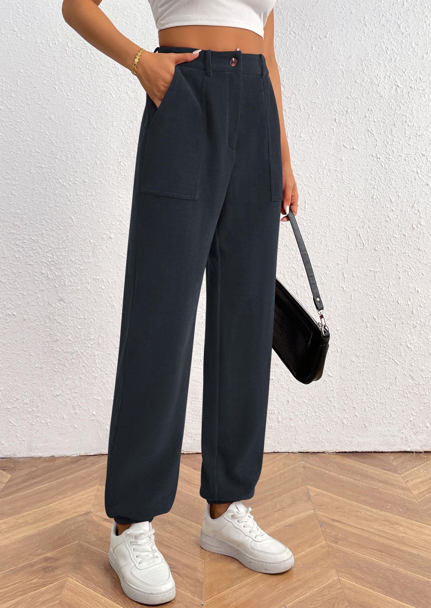 Women's Pants Dressy Casual Fall Elastic High Waisted Work Office Corduroy Trouser Slacks with Pockets