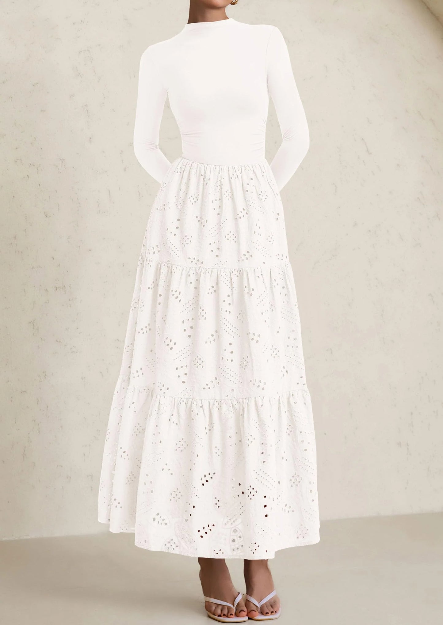 Long Sleeve Dress for Women Fall Eyelet Mock Neck A Line Elegant Classy Maxi Wedding Guest Dresses Pockets