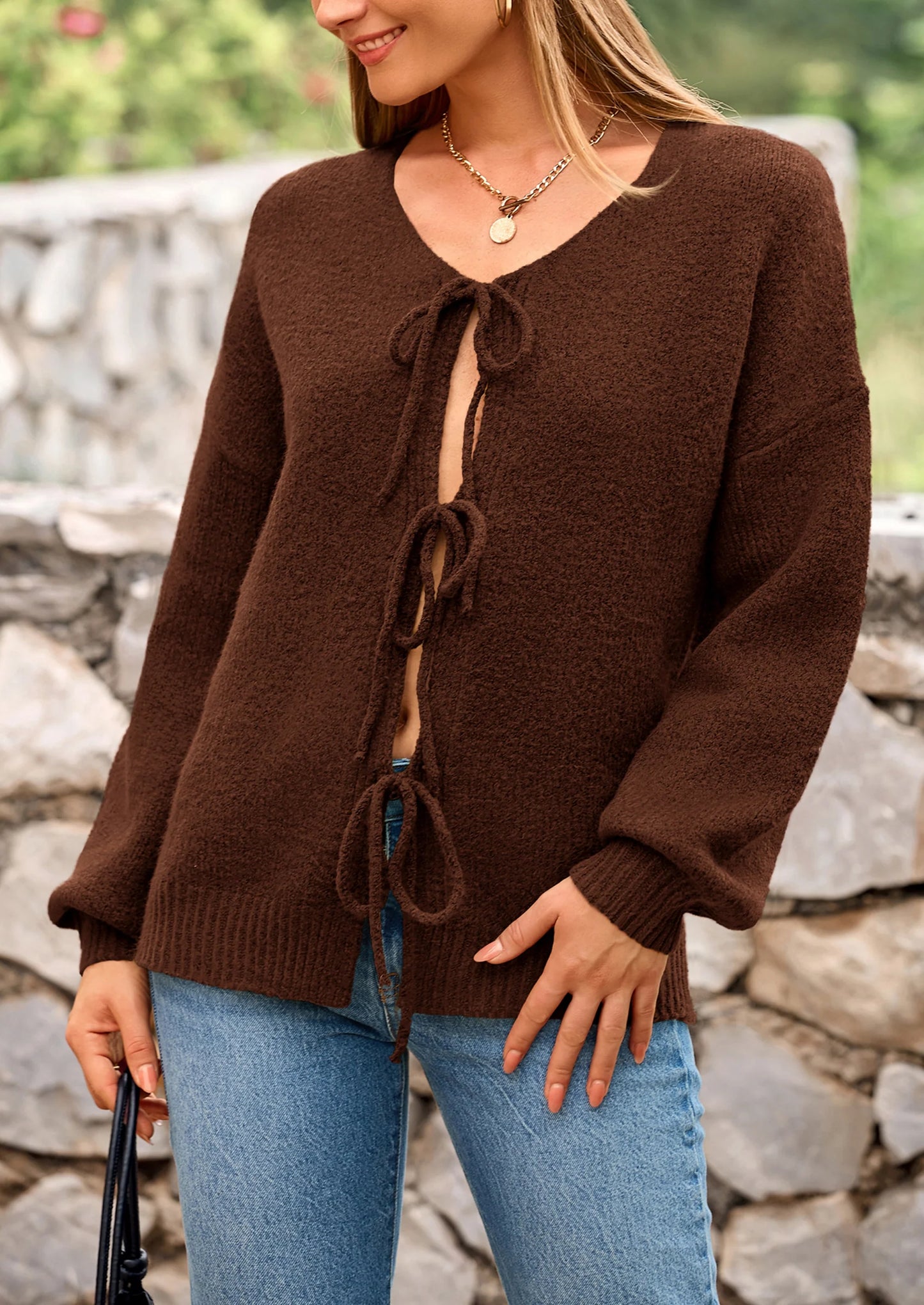 Women's Tie Front Bow Cardigan Sweaters Chunky Knit Long Puff Sleeve Trendy Fall Winter Jacket Coats