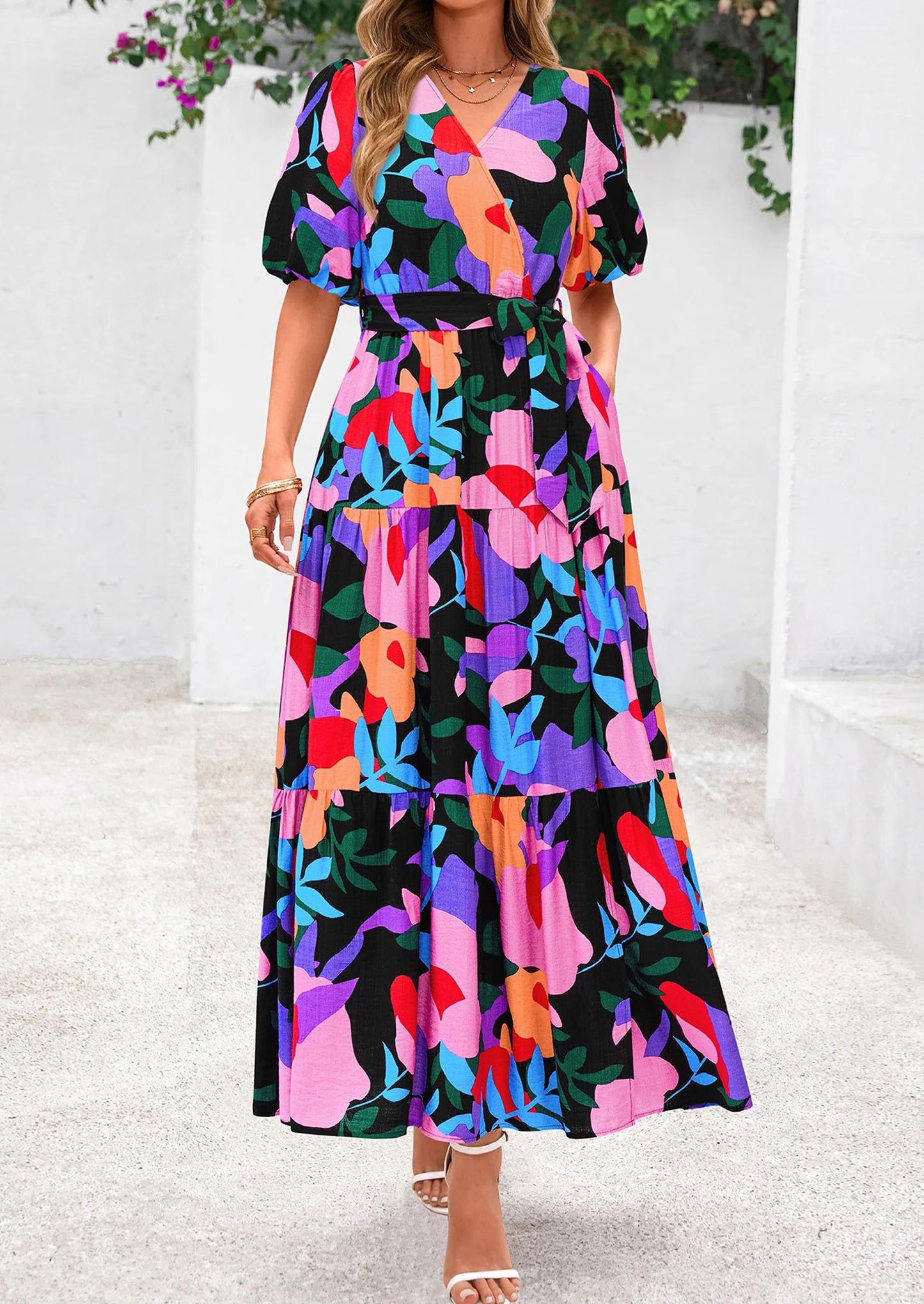Women's Maxi Dress Resort Wear Boho Floral V Neck Puff Short Sleeve Ruffle Flowy Beach Long Dresses