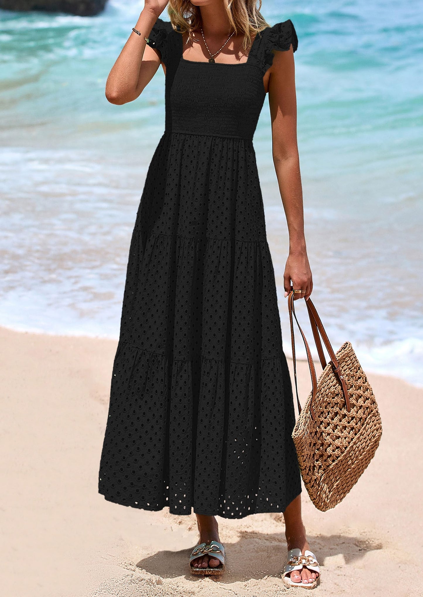 Womens Square Neck Maxi Dresses Cap Sleeve Eyelet Smocked Tiered A Line Flowy Long Dress with Pockets