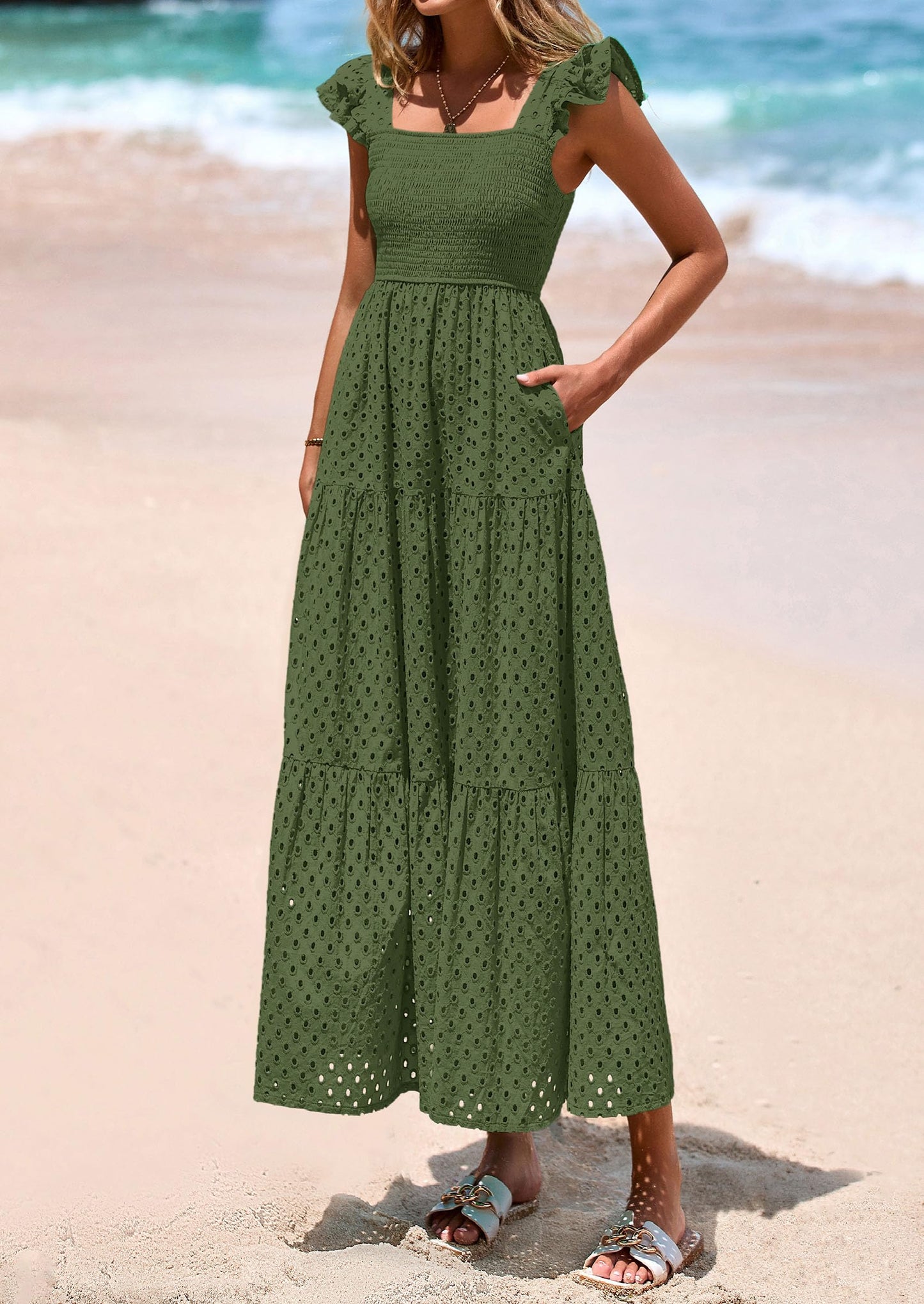 Womens Square Neck Maxi Dresses Cap Sleeve Eyelet Smocked Tiered A Line Flowy Long Dress with Pockets