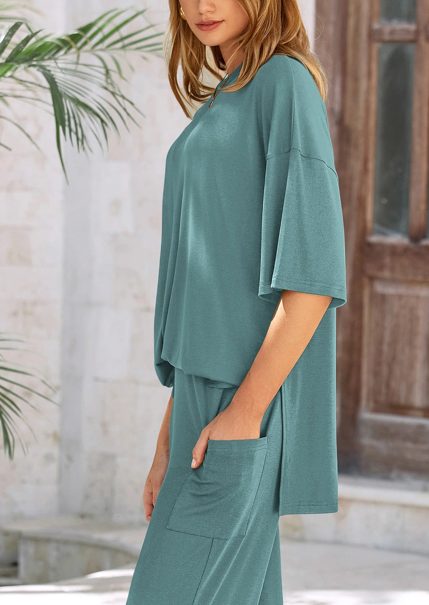 Women's 2 Piece Outfits Casual Short Sleeve Pullover Tops and Wide Leg Pants Lounge Sets Tracksuits