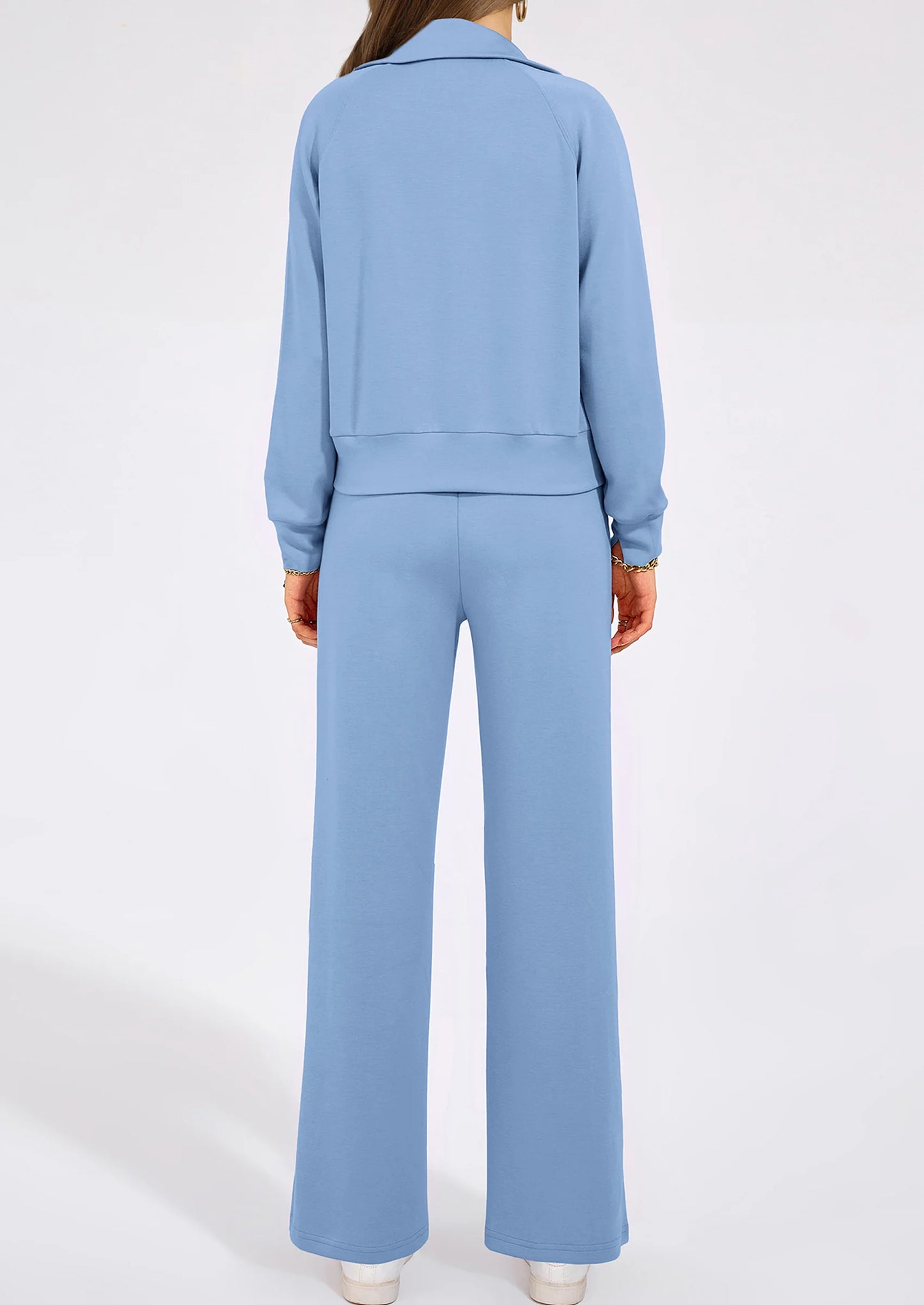 Women's 2 Piece Outfits Casual Lapel Half Zip Sweatshirts And Wide Leg Pants Tracksuit Sets