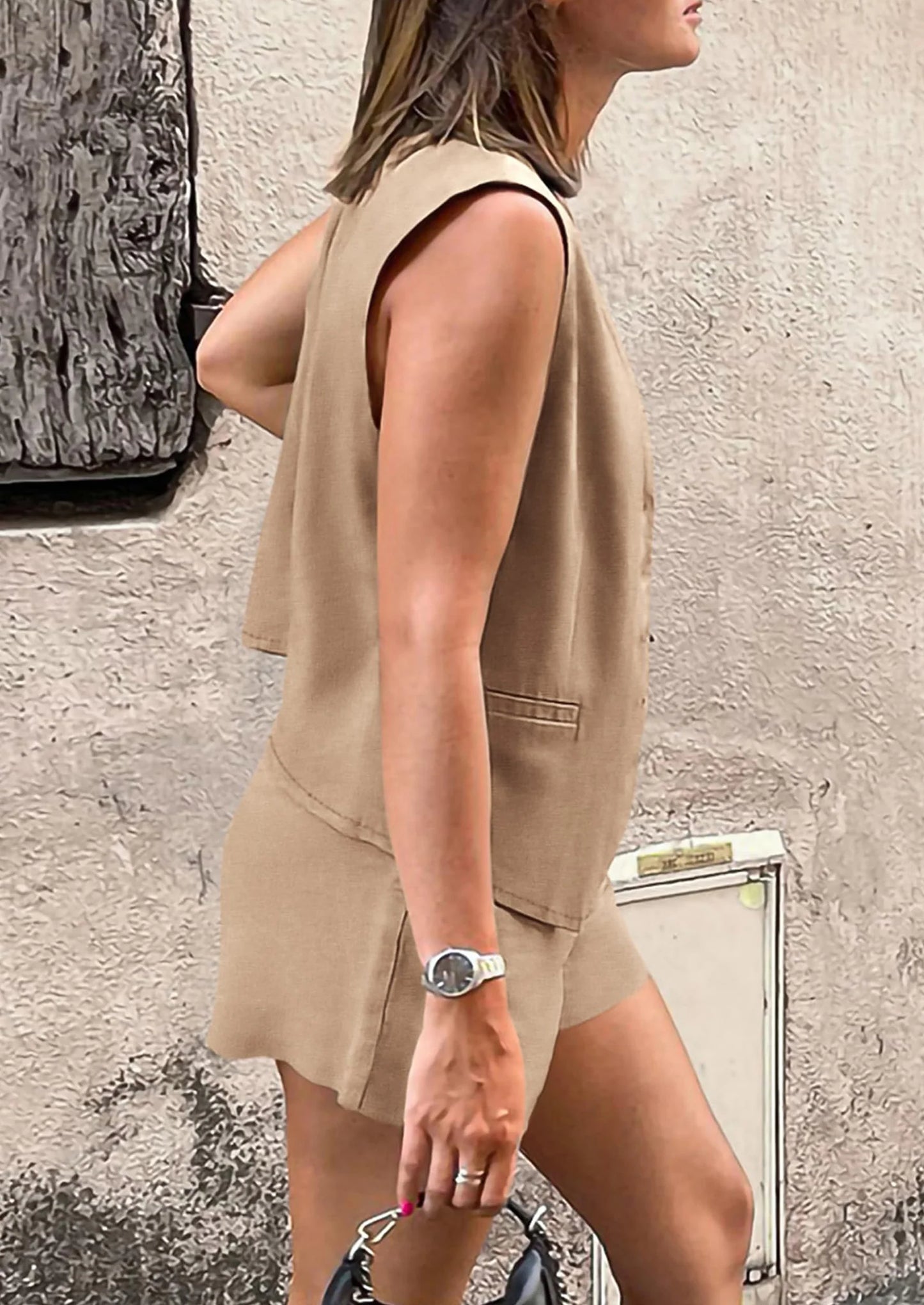 Women's Summer 2 Piece Outfits Sleeveless Matching Sets Button Down V Neck Vest Waistcoat and Pockets Shorts