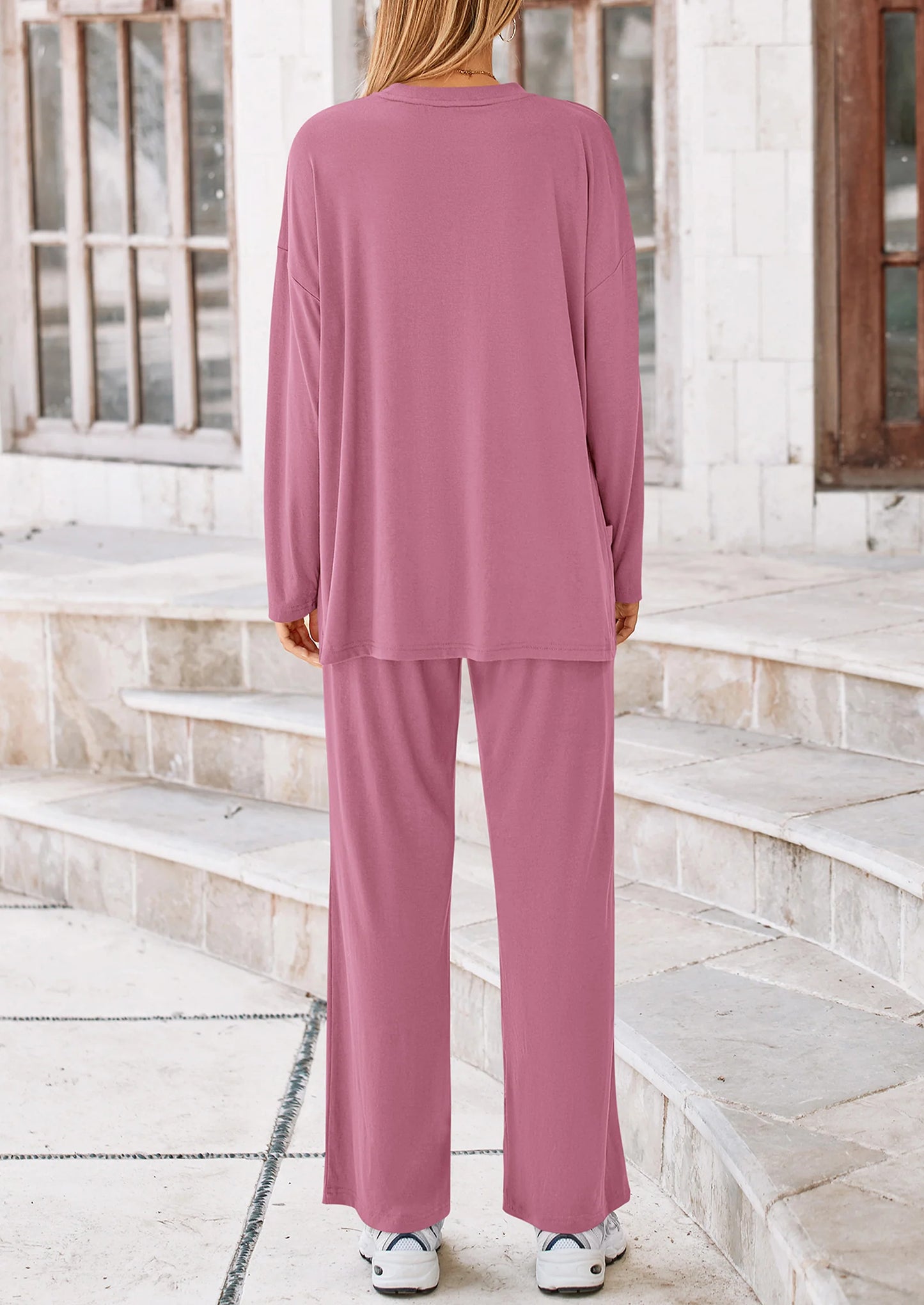 Women's Two Piece Lounge Sets Matching Long Sleeve Shirts Wide Leg Pants Tracksuits Travel Outfits Fall Clothes