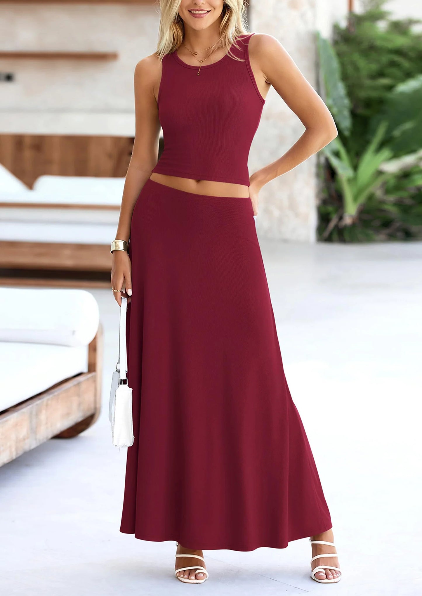 2 Piece Maxi Skirt Sets Casual Knit Cropped Tank Top High Waisted Long Skirts Outfit