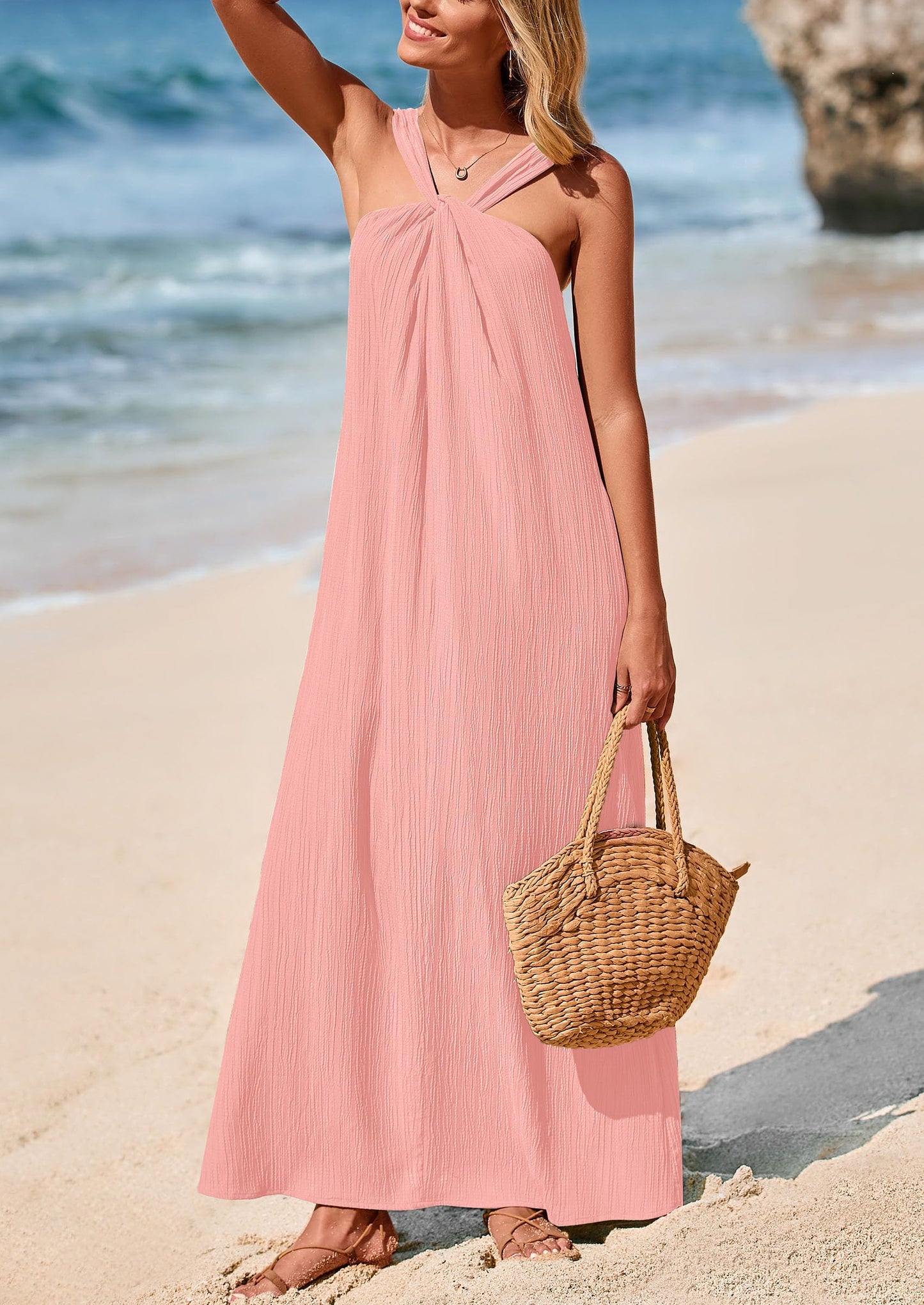 Womens Casual Long Summer Dresses Sleeveless Strappy Loose Flowy Beach Vacation Maxi Dress with Pockets