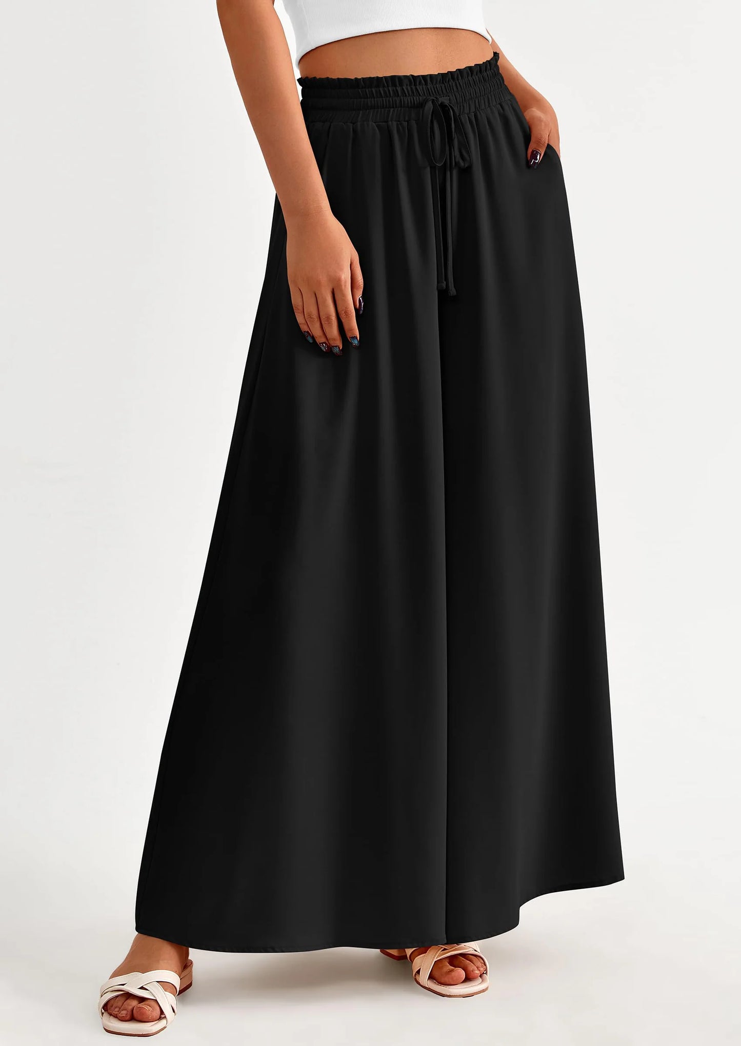 Women's Summer Wide Leg Palazzo Pants High Waisted Flowy Pockets Trendy Casual Lounge Boho Beach Trousers