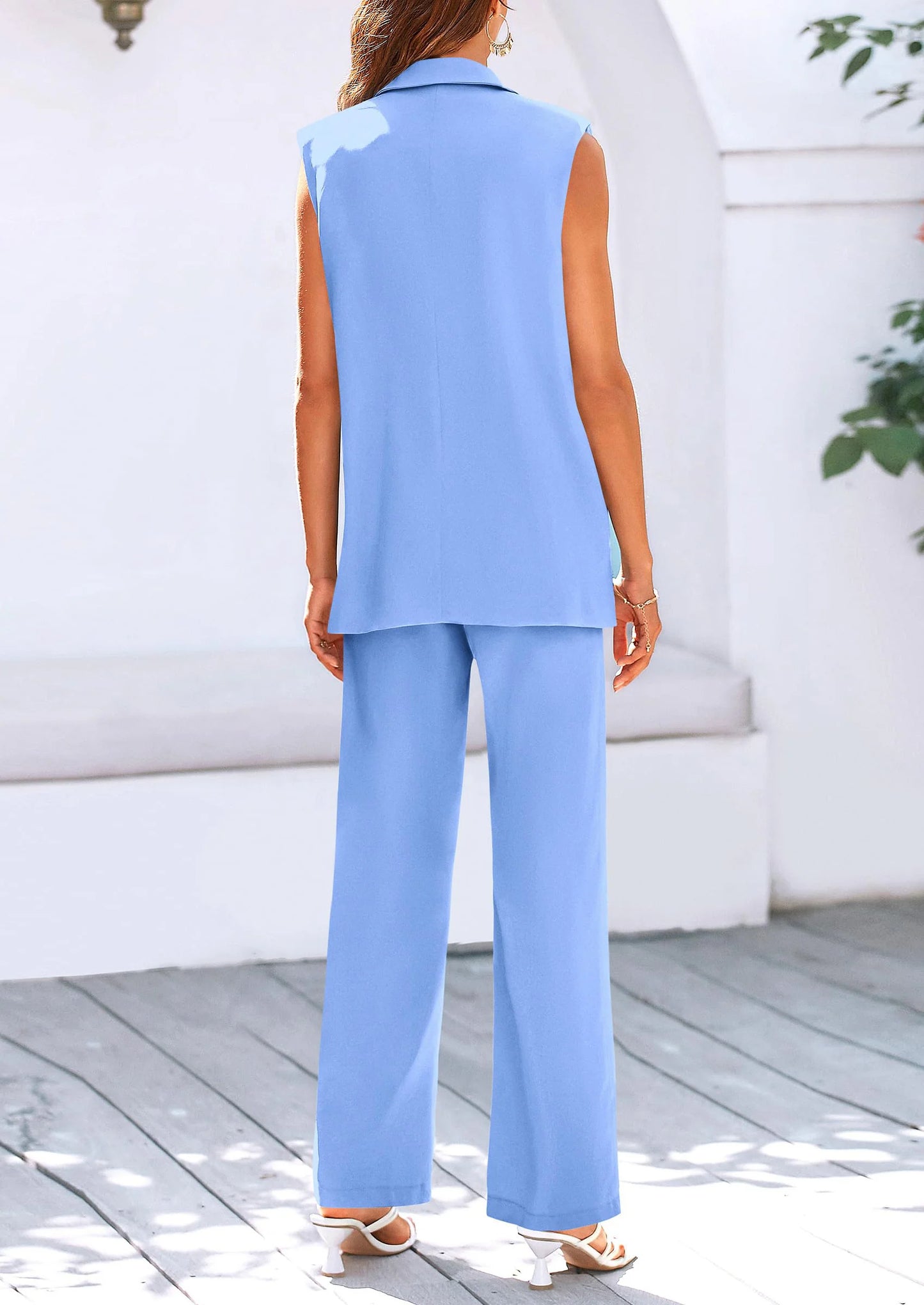 Women's 2 Piece Outfits Sleeveless Suit Vest and Wide Leg Pants Business Casual Blazer Sets