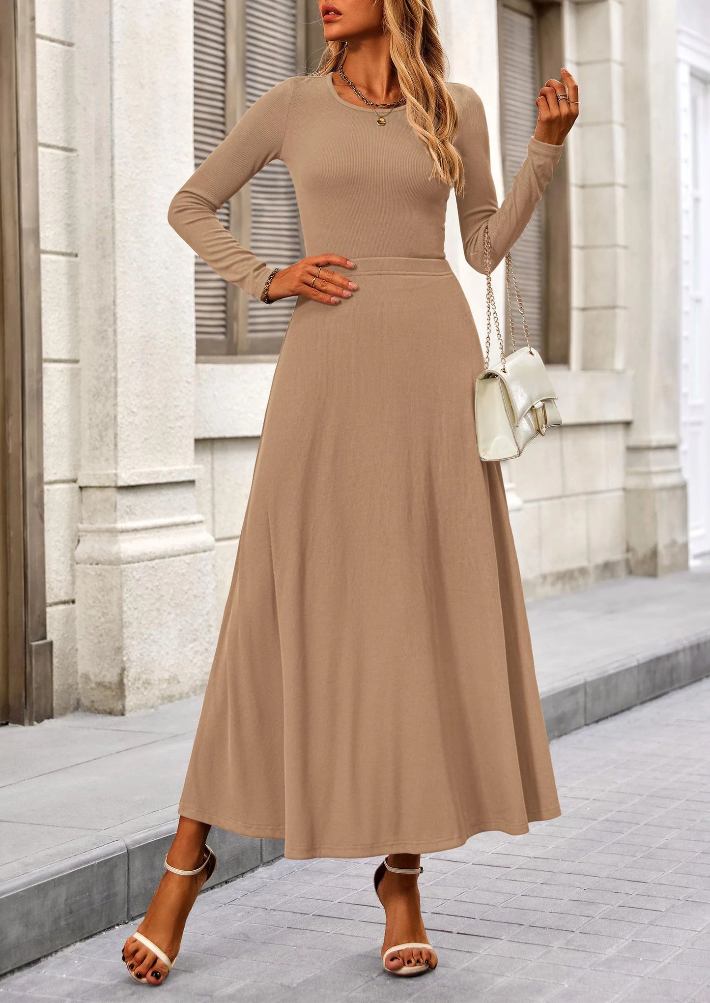 2 Piece Casual Ribbed Knit Long Sleeve Crop Tops Maxi Flowy Skirts Matching Sets