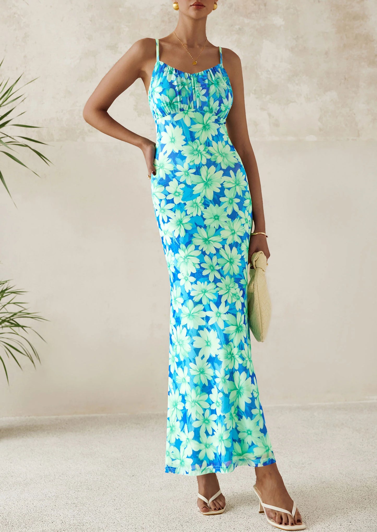 Women's Bodycon Maxi Dress Floral Sundress Sleeveless Spaghetti Strap Cocktail Party Dress
