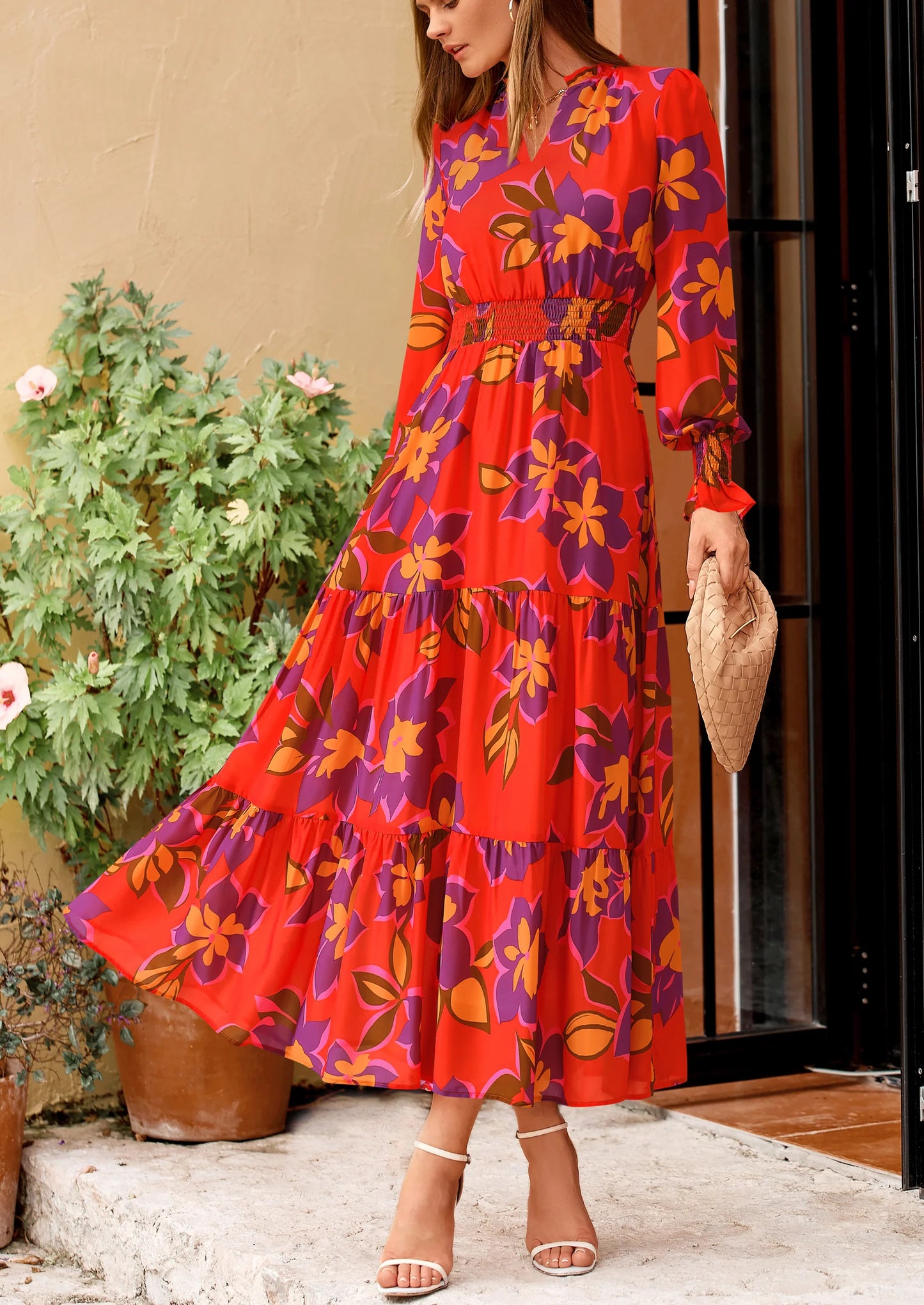 Women's Floral Maxi Dress Spring Long Sleeve V Neck Casual A Line Long Flowy Boho Party Dresses