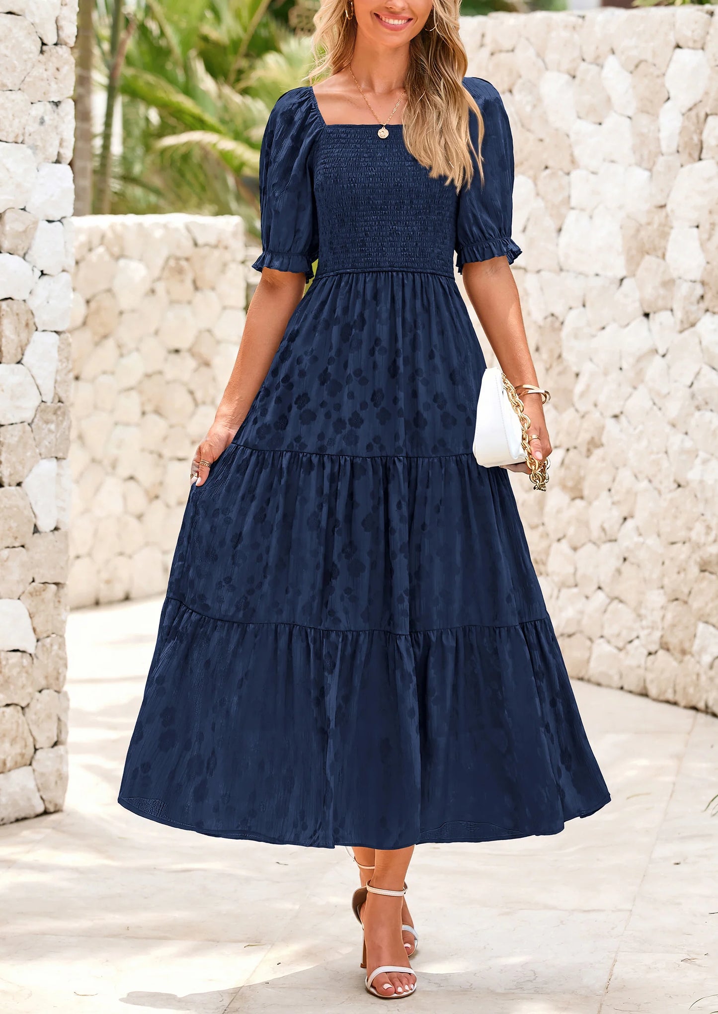 Women's Casual Midi Dresses Square Neck Short Sleeve Smocked A Line Floral Flowy Elegant Boho Dress