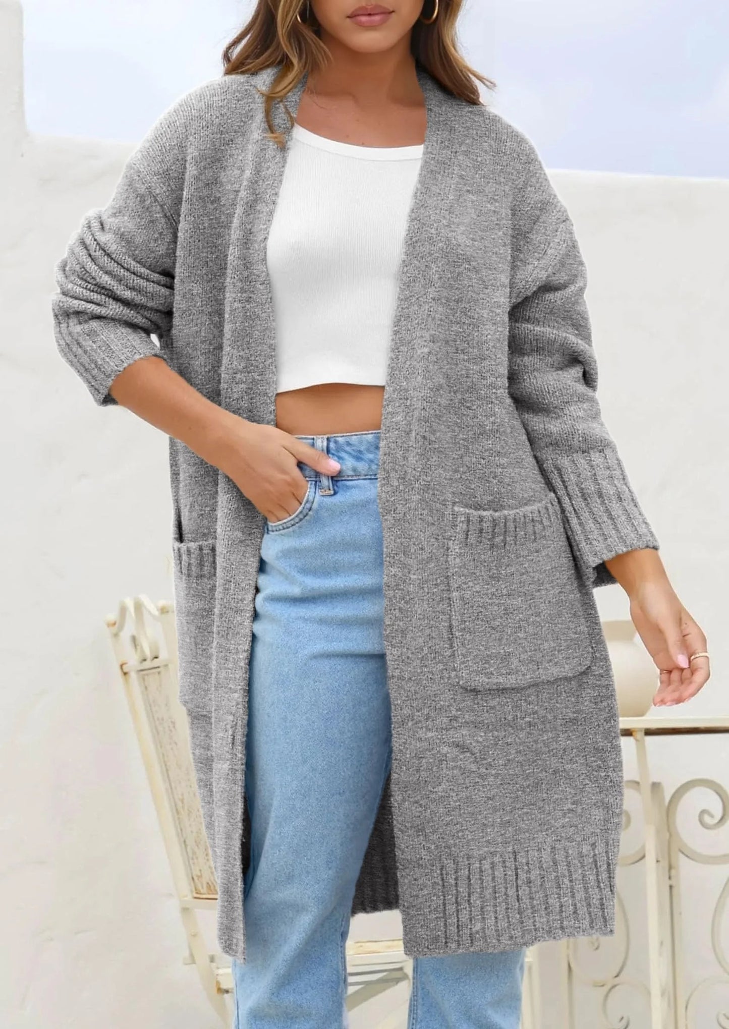 Fall Long Sleeve Cardigan Sweaters for Women Trendy Winter Open Front Loose Knitted Cardigans with Pockets