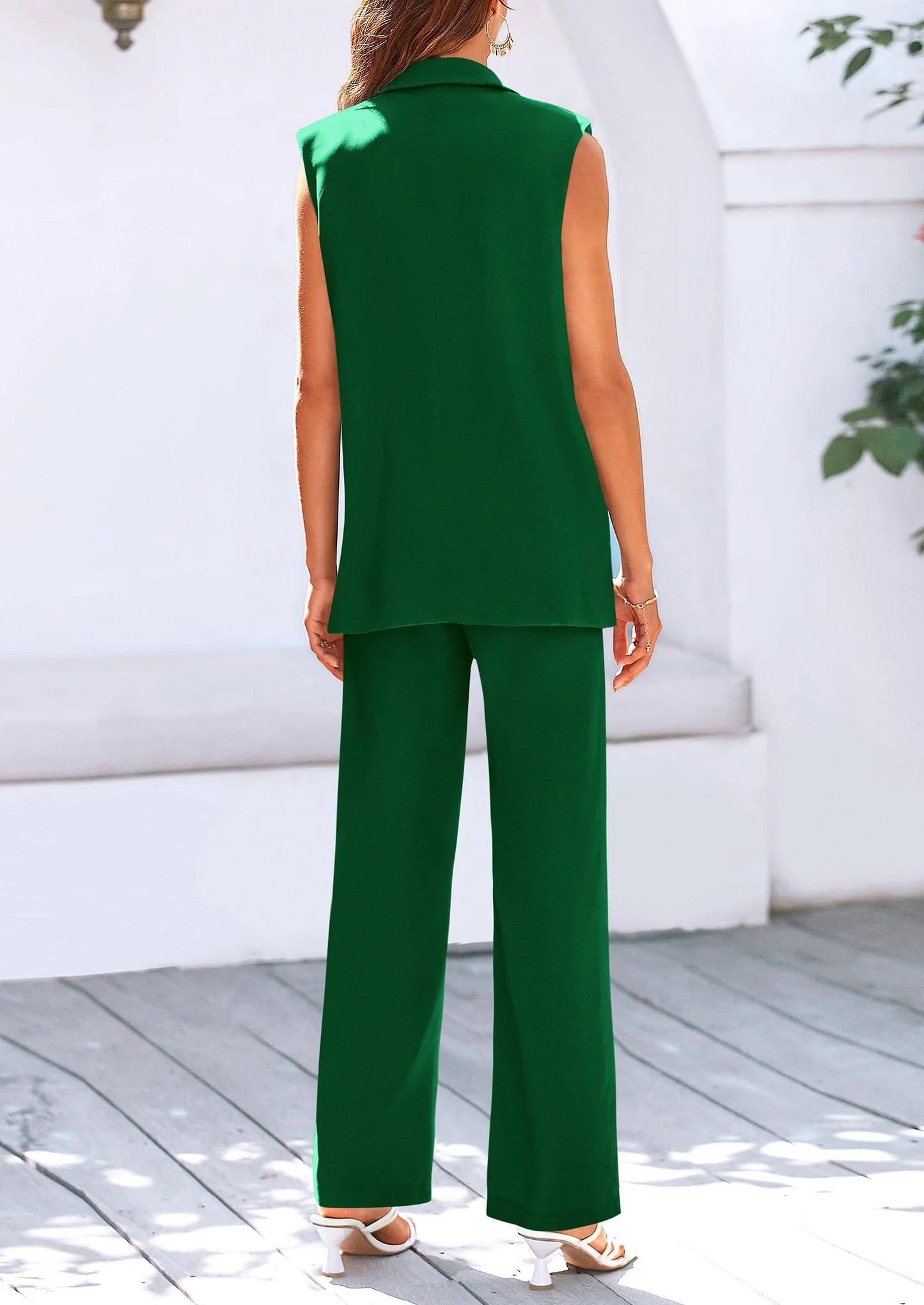 Women's 2 Piece Outfits Sleeveless Suit Vest and Wide Leg Pants Business Casual Blazer Sets
