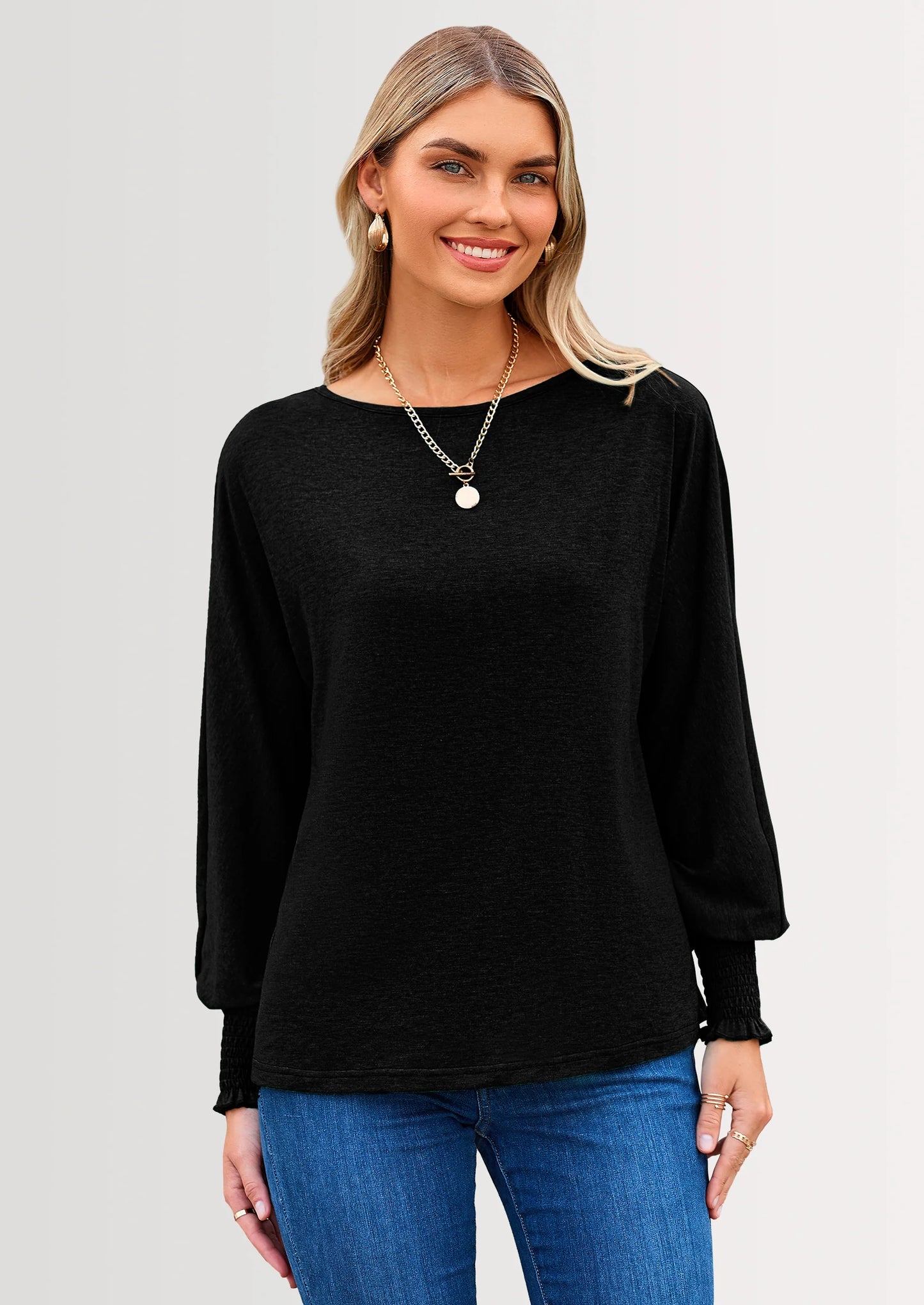 Women's Spring Fashion T Shirts Puff Long Sleeve Crewneck Casual Basic Tee Tops Blouses