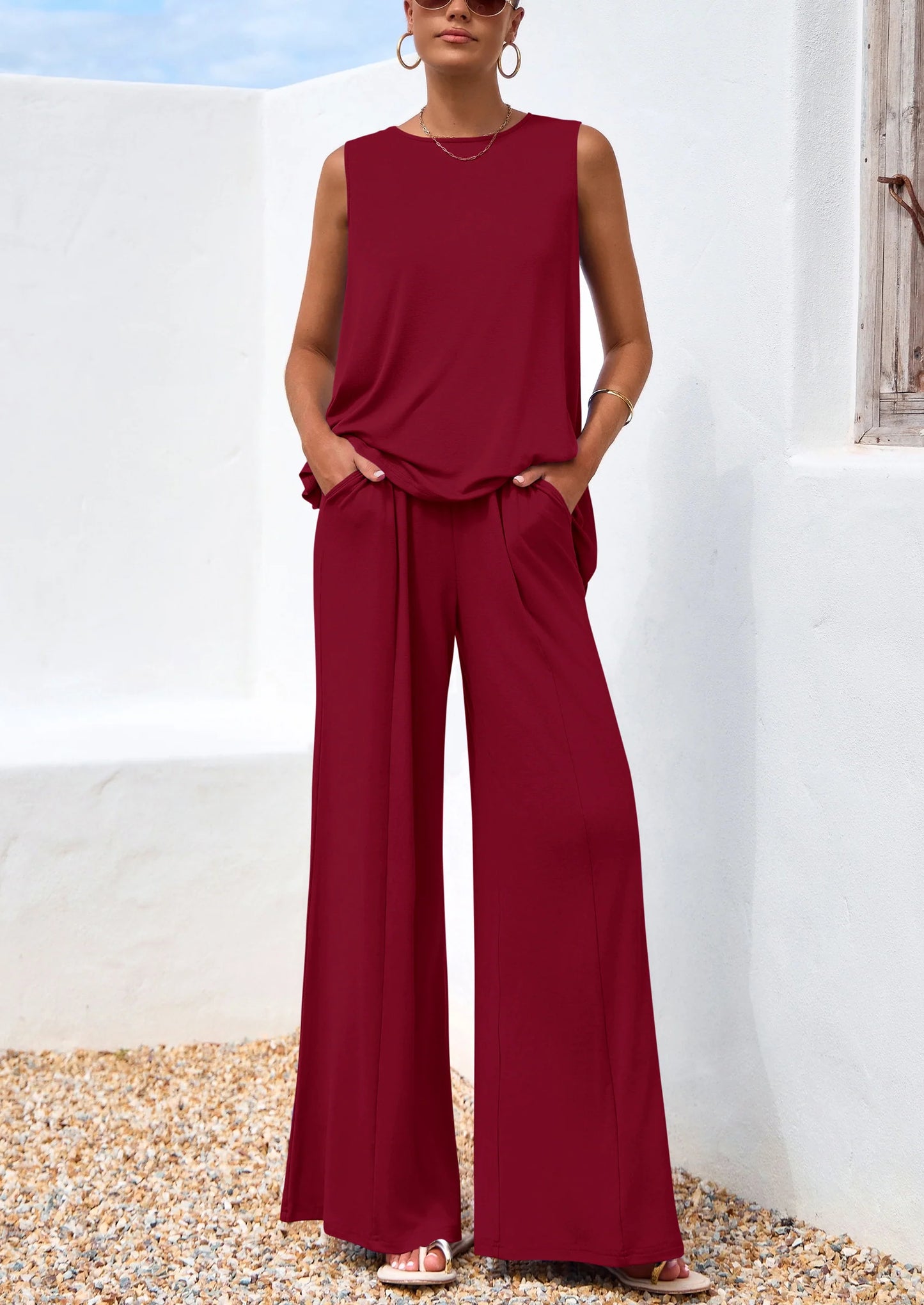 Women's Two Piece Matching Lounge Sets Asymmetrical Split Tank Tops Wide Leg Pants Summer Outfits Tracksuit