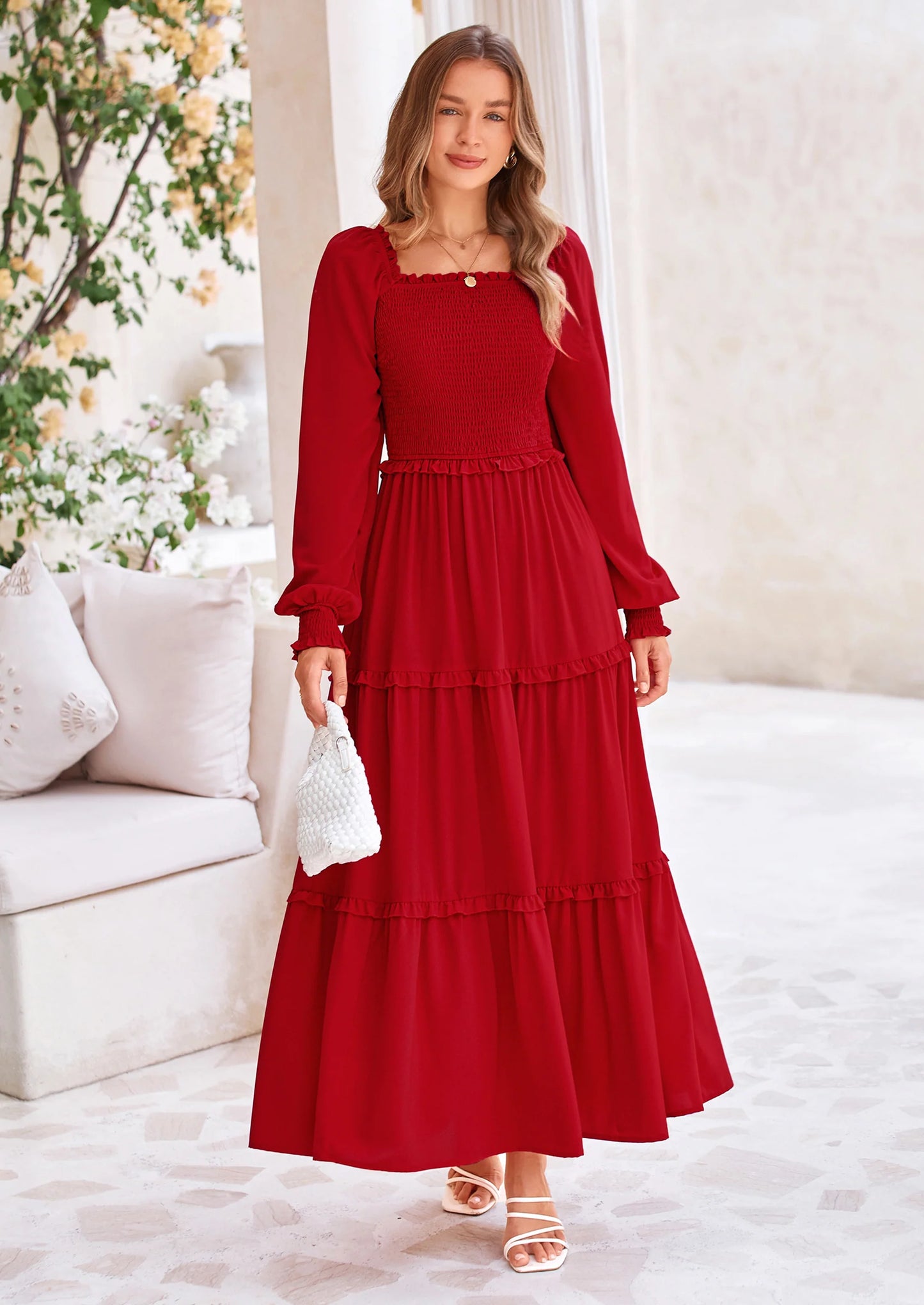 Fall Wedding Guest Dresses for Women Long Sleeve Square Neck Tiered A Line Modest Elegant Flowy Dresses