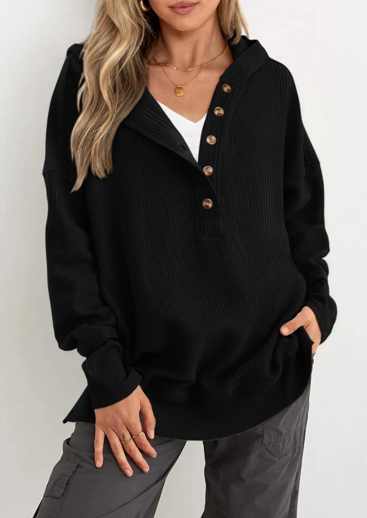 Womens Fashion Oversized Long Sleeve Hoodie Button Down V Neck Sweatshirt Side Slit Casual Pullover Tops
