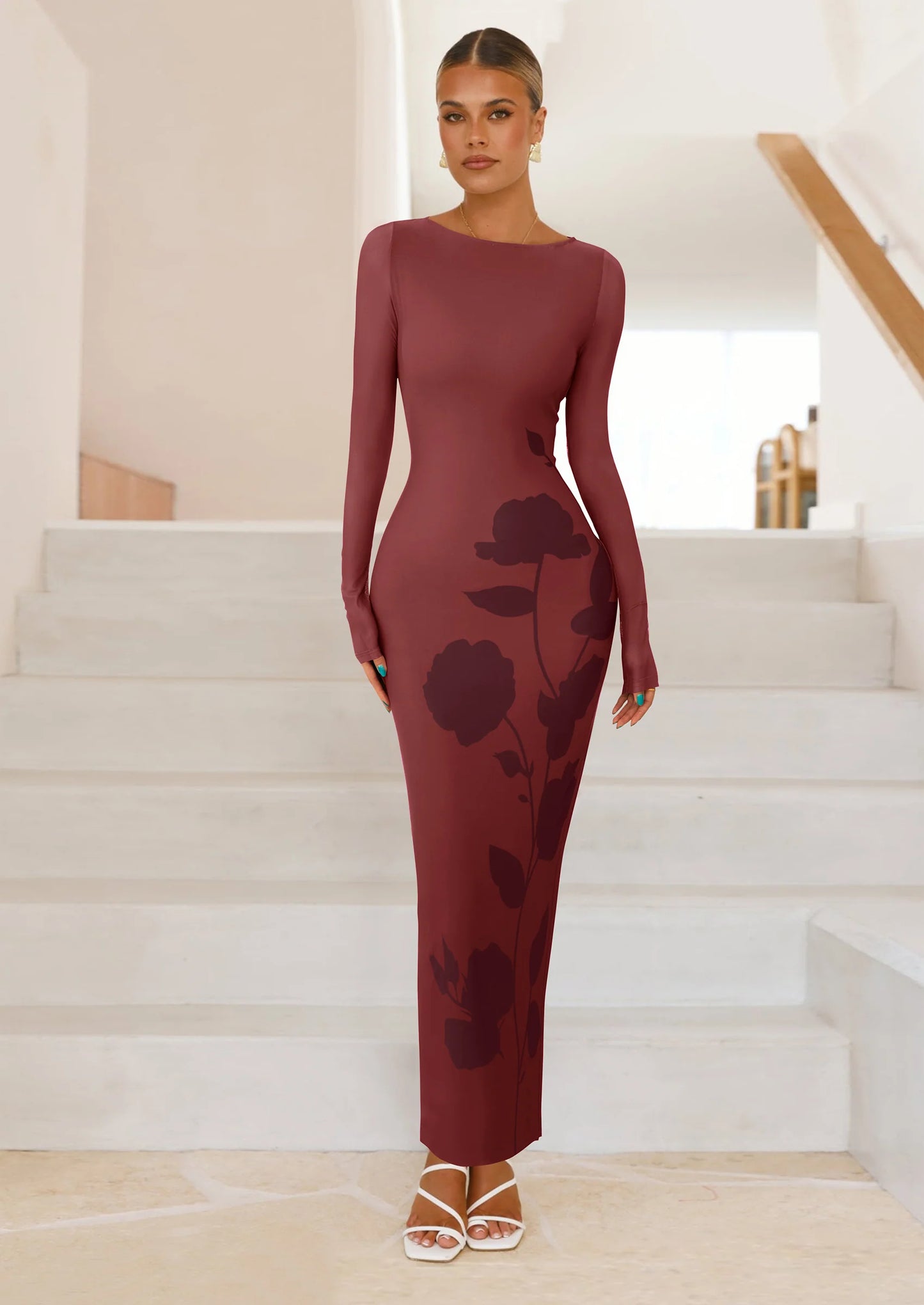 Bodycon Maxi Dress Fall Floral Long Sleeve Sexy Mesh Cocktail Wedding Guest Long Dresses