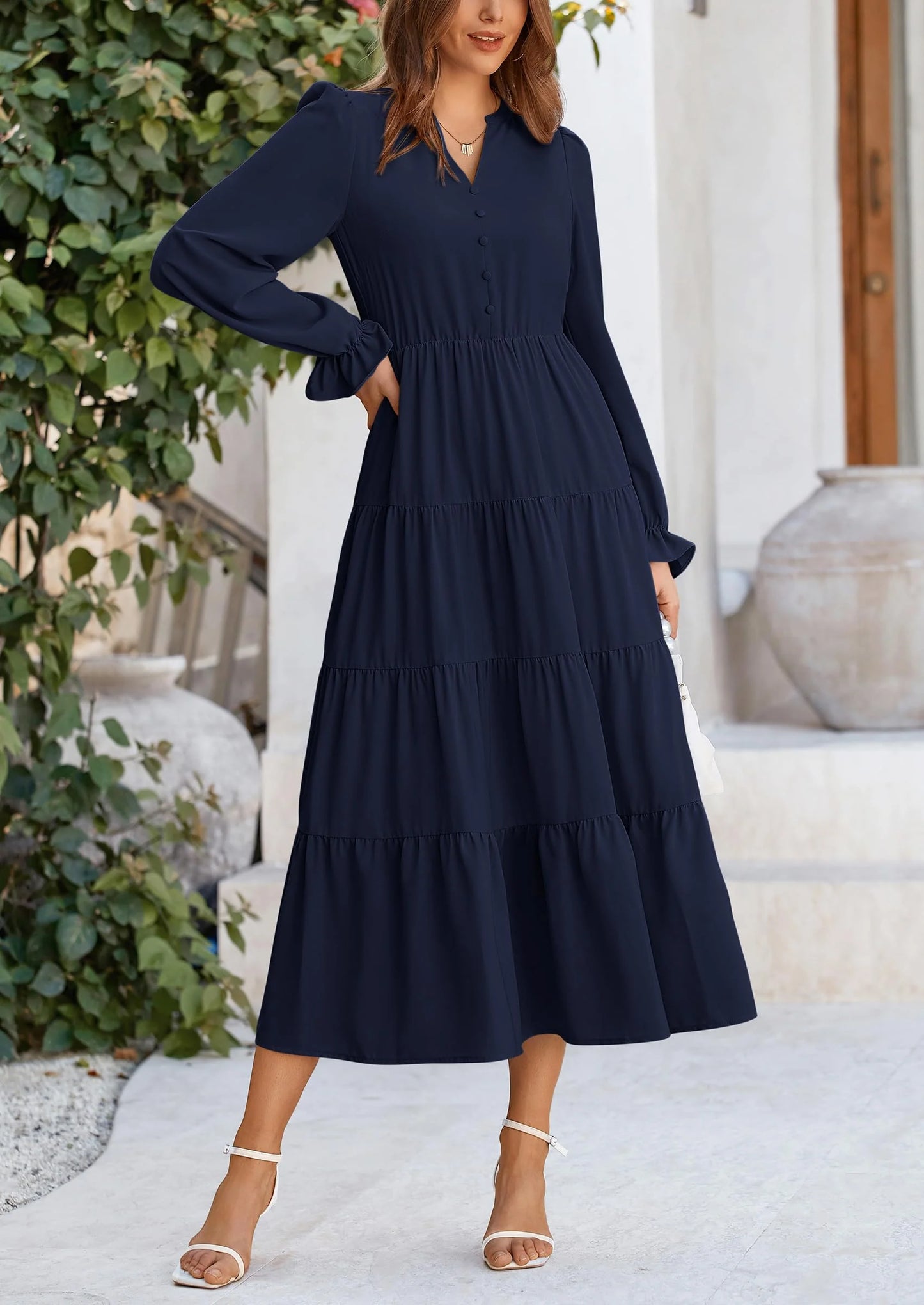 Women Fall Long Sleeve Smocked Maxi Dress Casual Square Neck Swiss Dot Tiered Ruffle Flowy Spring Pocket Dresses