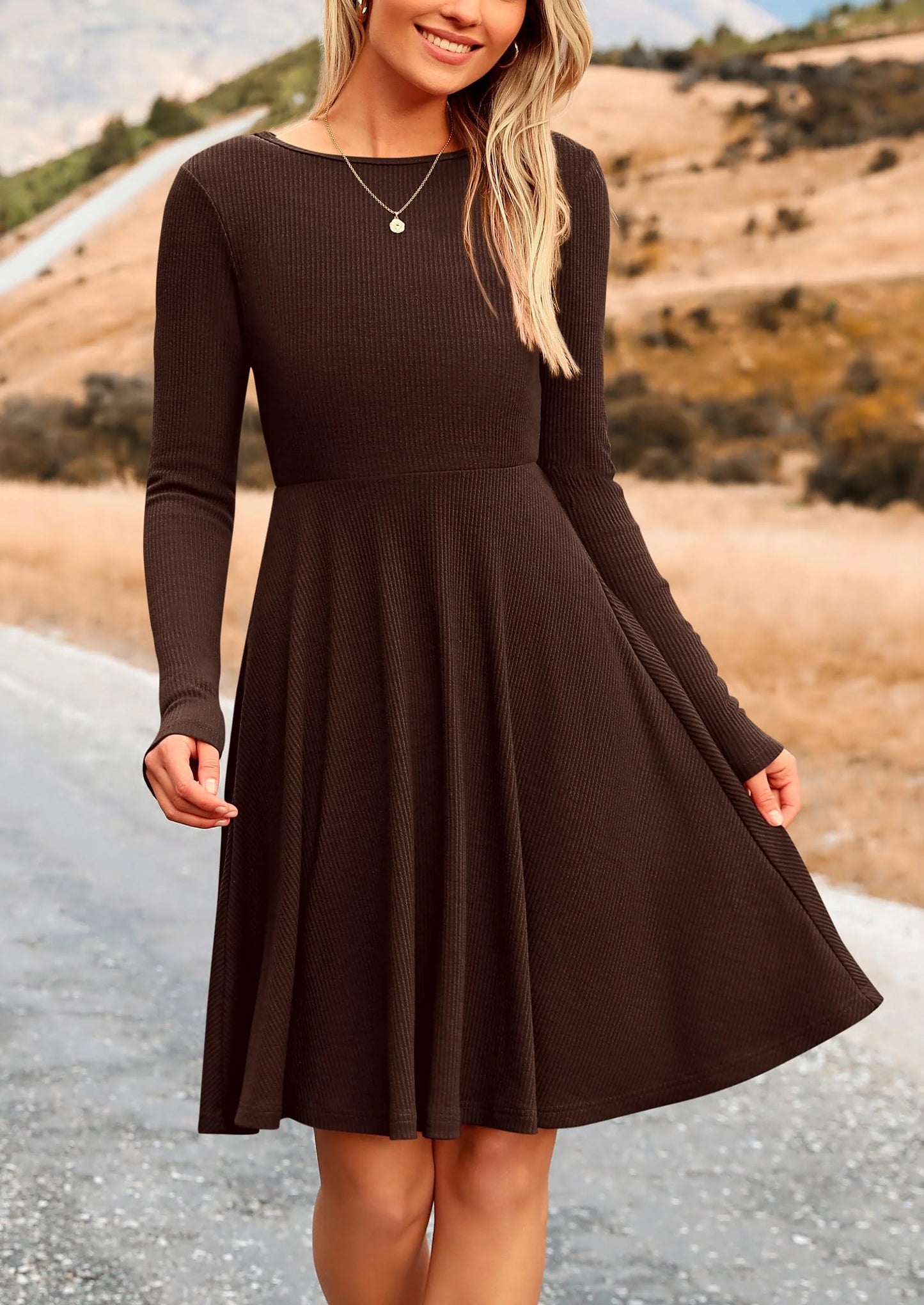 Women's Spring Fall Short Dress Ribbed Knit Crewneck Long Sleeve A Line Flowy Casual Elegant Going Out Dresses