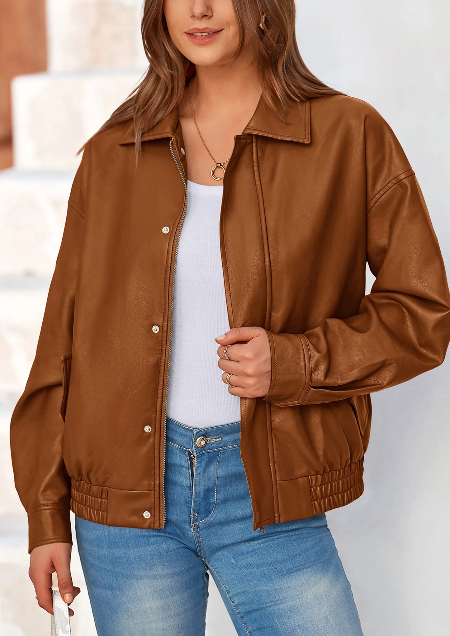 Women's Faux Leather Motorcycle Jacket Trendy Fall Spring Clothes Oversized Zip Up Winter Coat Outerwear