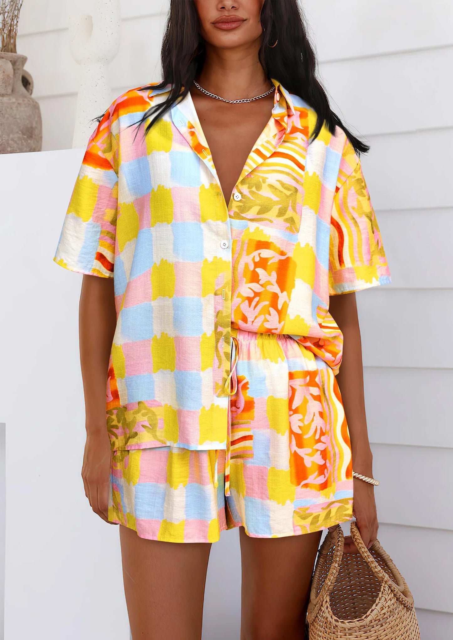 Women Summer 2 Piece Sets Printed Short Sleeve Tops Lounge Shorts Beach Vacation Outfits