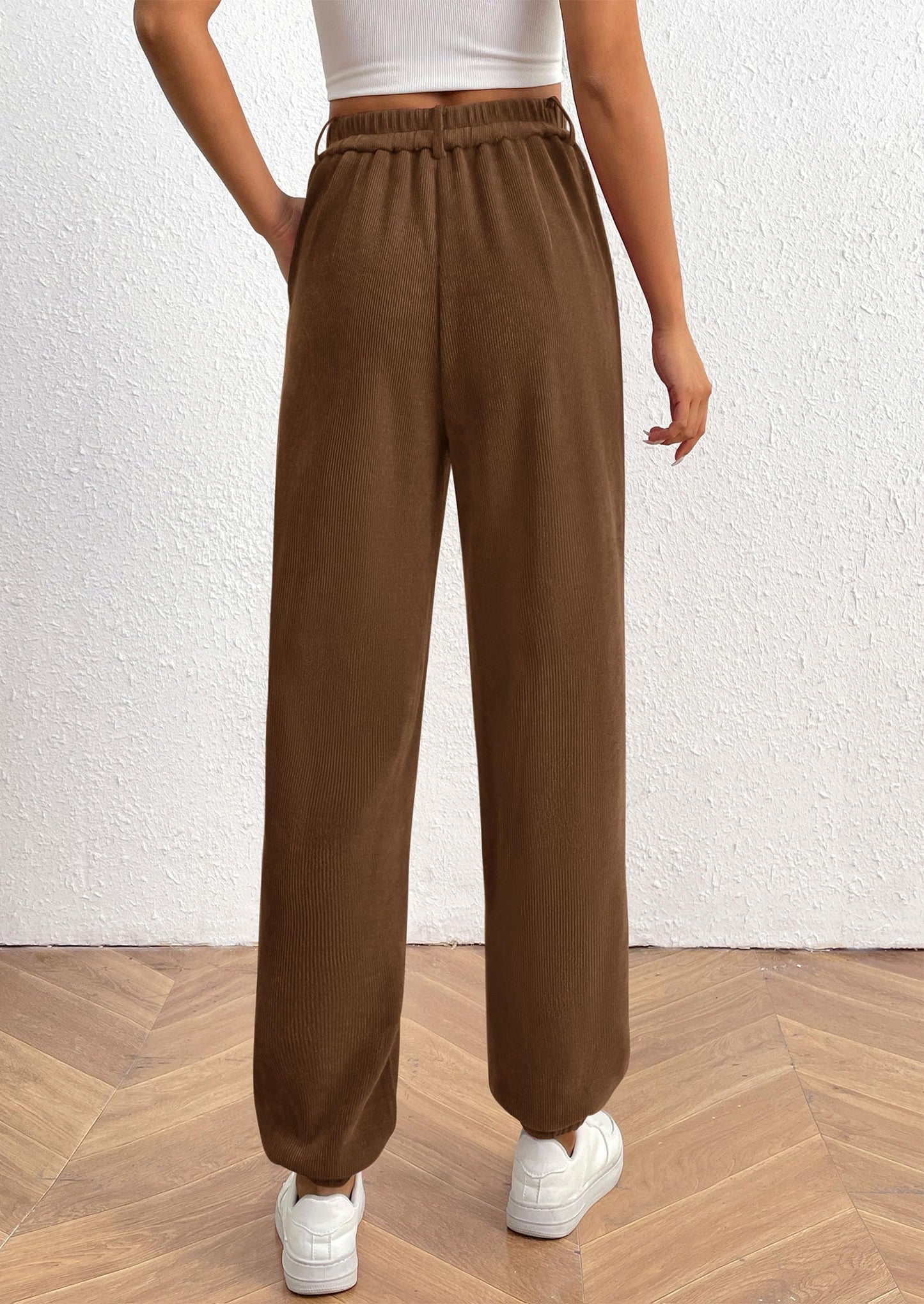 Women's Pants Dressy Casual Fall Elastic High Waisted Work Office Corduroy Trouser Slacks with Pockets