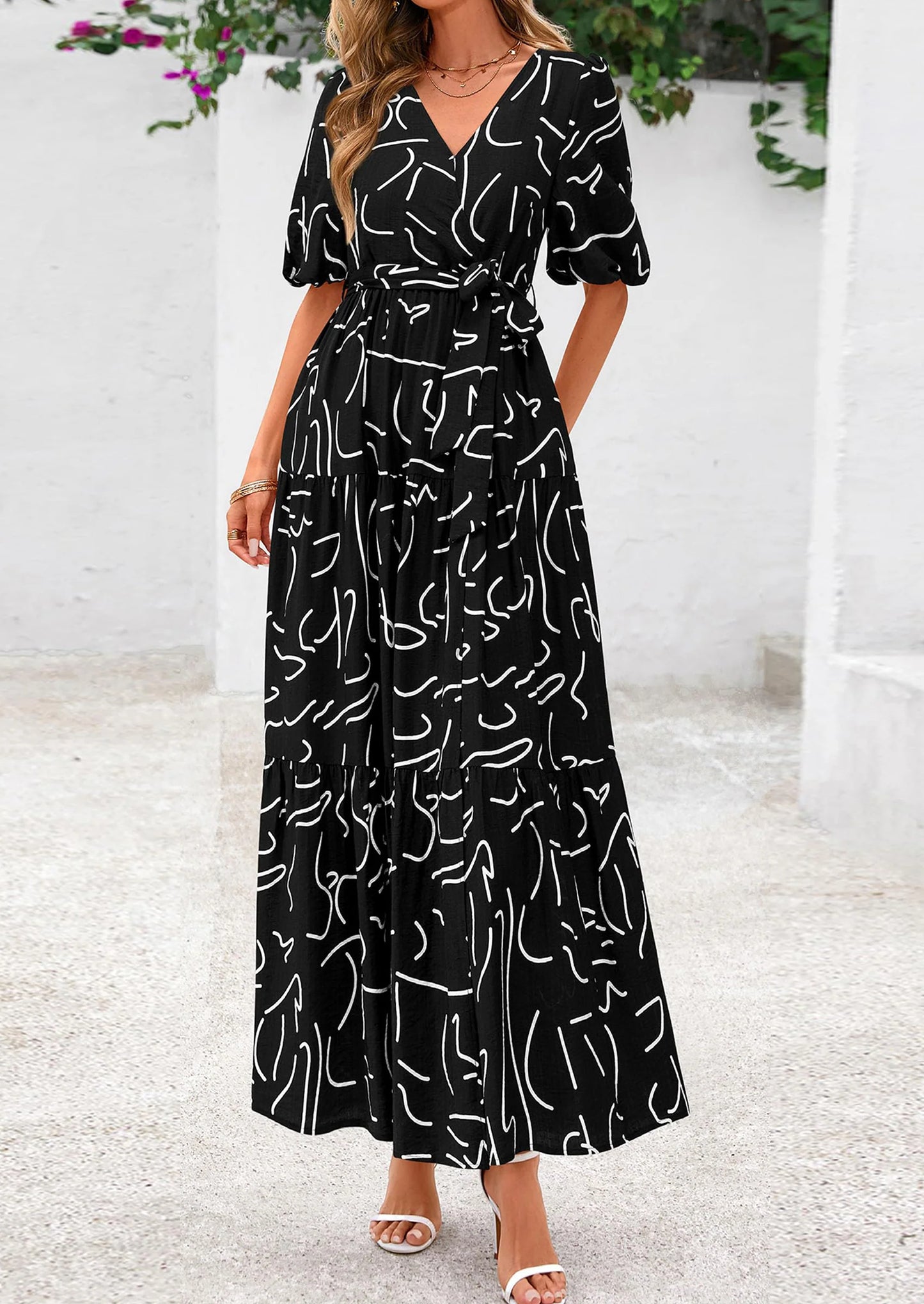 Women's Maxi Dress Resort Wear Boho Floral V Neck Puff Short Sleeve Ruffle Flowy Beach Long Dresses