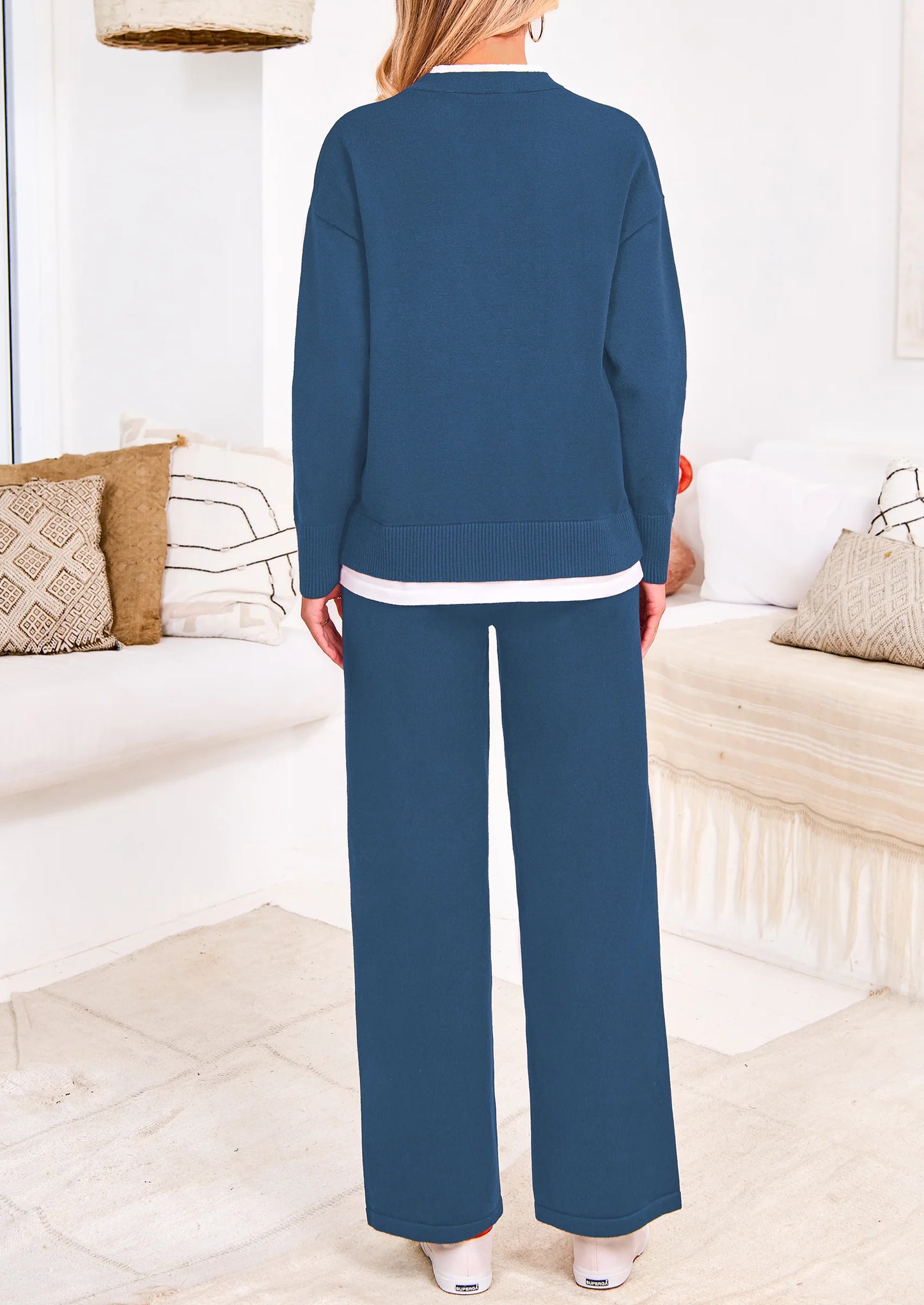 Two Piece Matching Sweater Lounge Sets Knit Long Sleeve Pullover Tops Wide Leg Pants