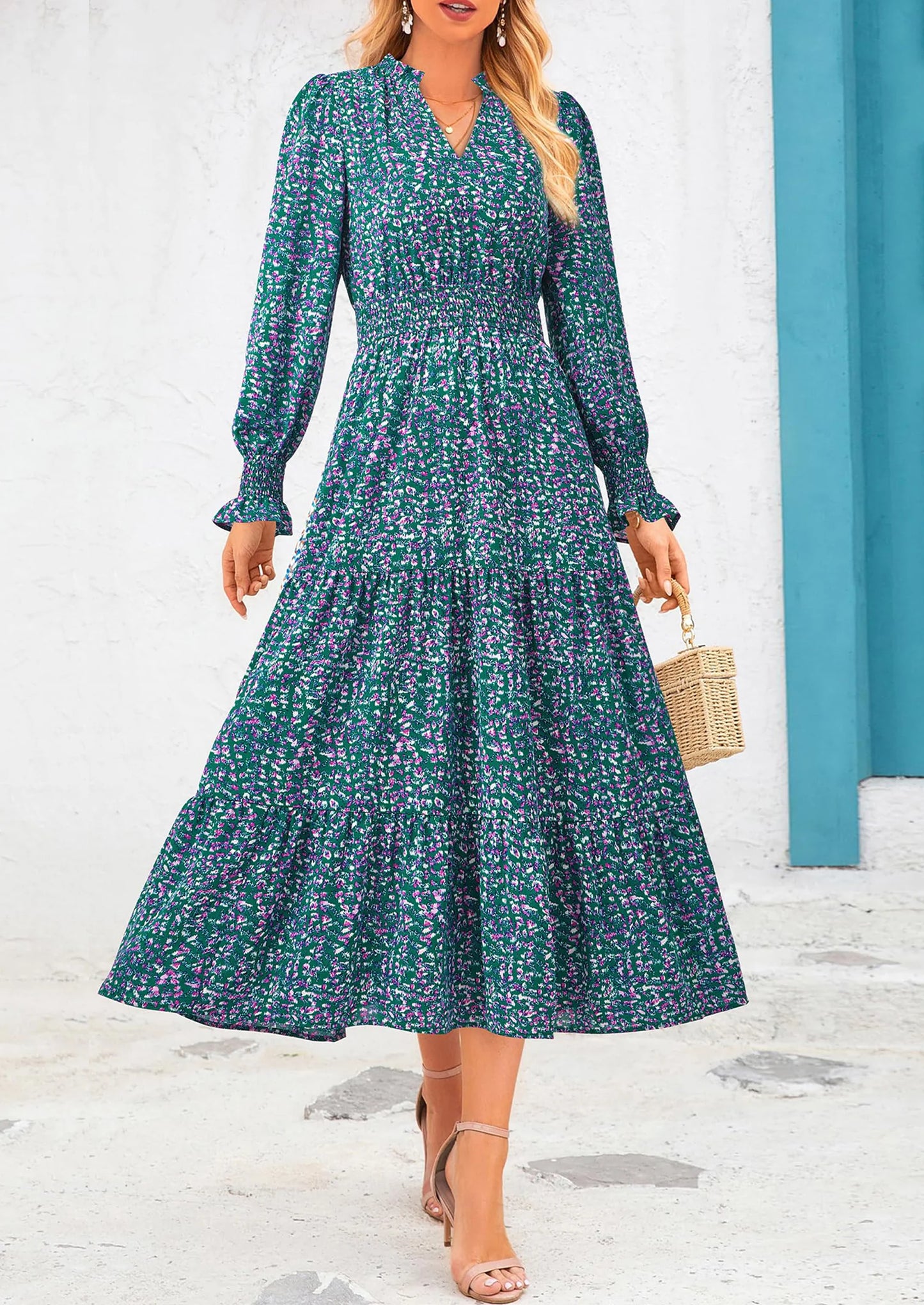 Women's Floral Maxi Dress Spring Long Sleeve V Neck Casual A Line Long Flowy Boho Party Dresses