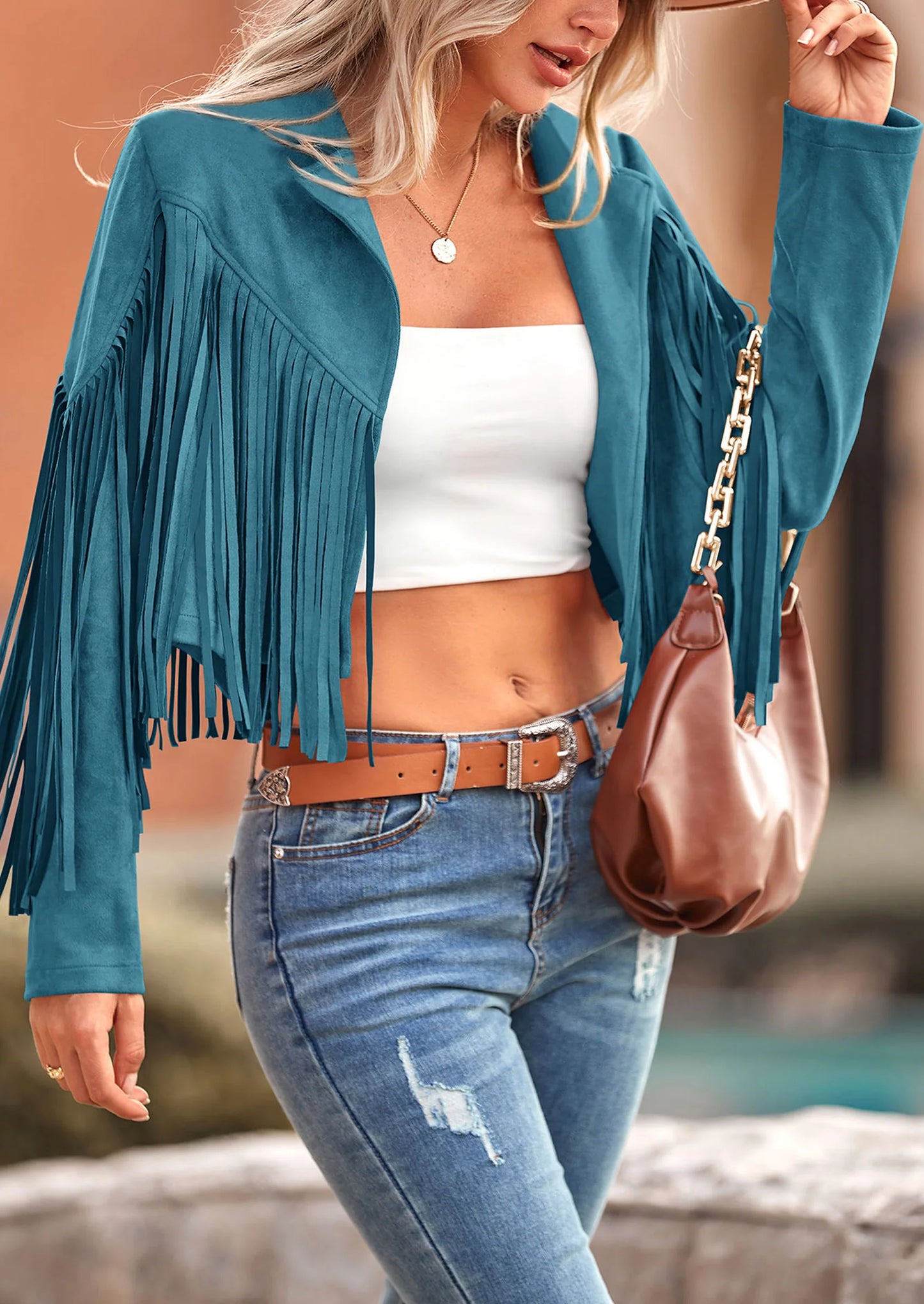 Women's Fringe Faux Suede Leather Jackets Fashion Tassel Motorcycle Cropped Coats