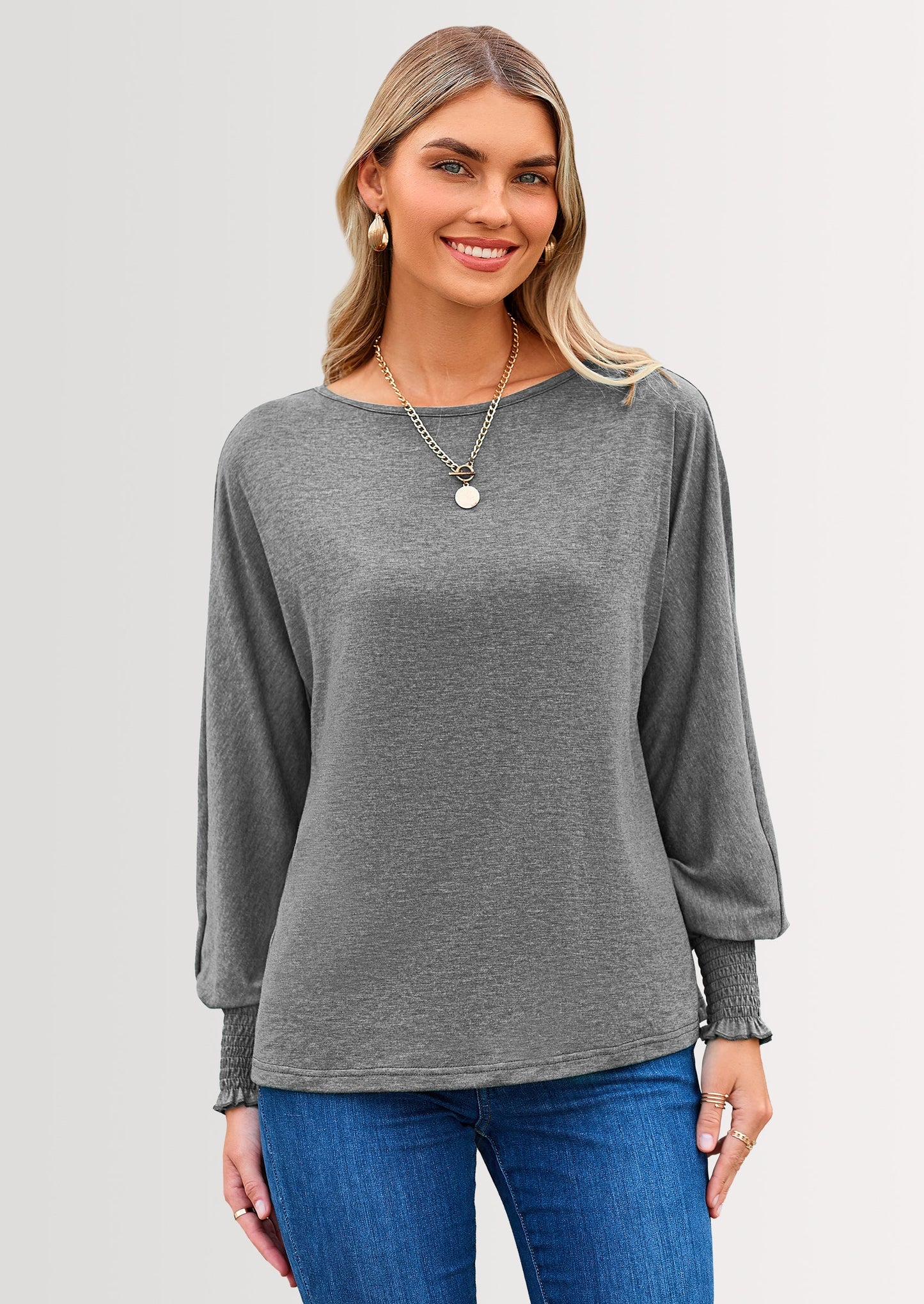 Women's Spring Fashion T Shirts Puff Long Sleeve Crewneck Casual Basic Tee Tops Blouses
