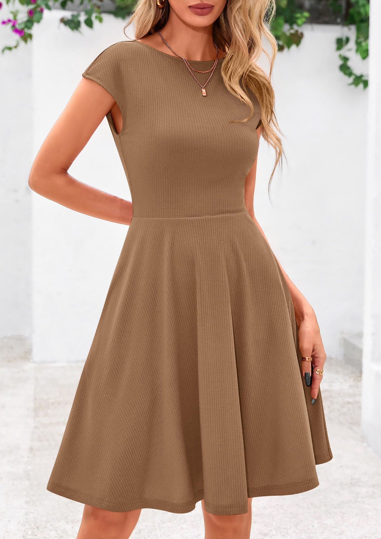 Womens Short Summer Dress Crewneck Cap Sleeve Ribbed Knit Casual Flowy A Line Mini Sundresses with Pockets