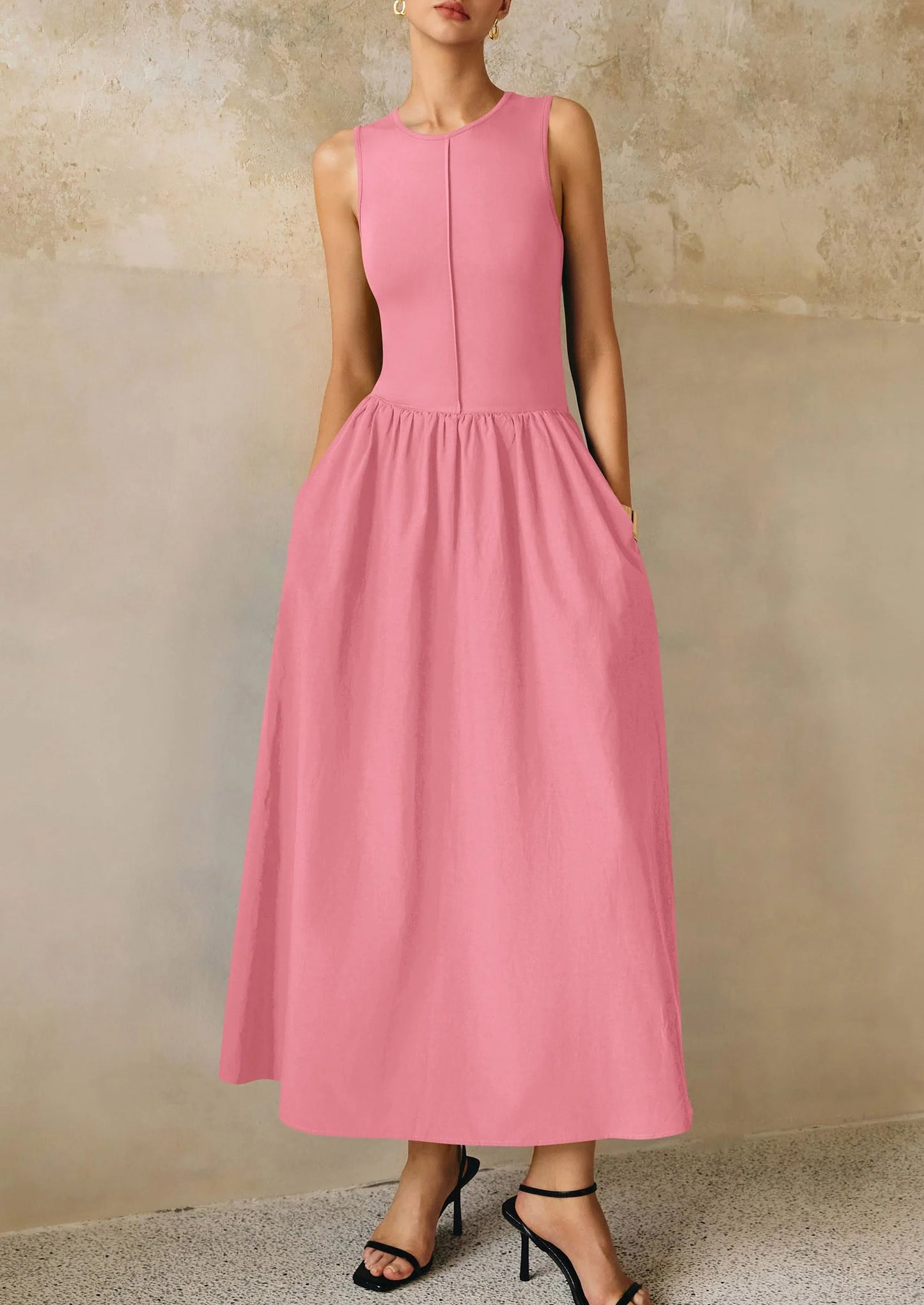Women Maxi Dresses Casual Sleeveless Patchwork Knit Tank Dress Flowy Beach Sundress Long Dress