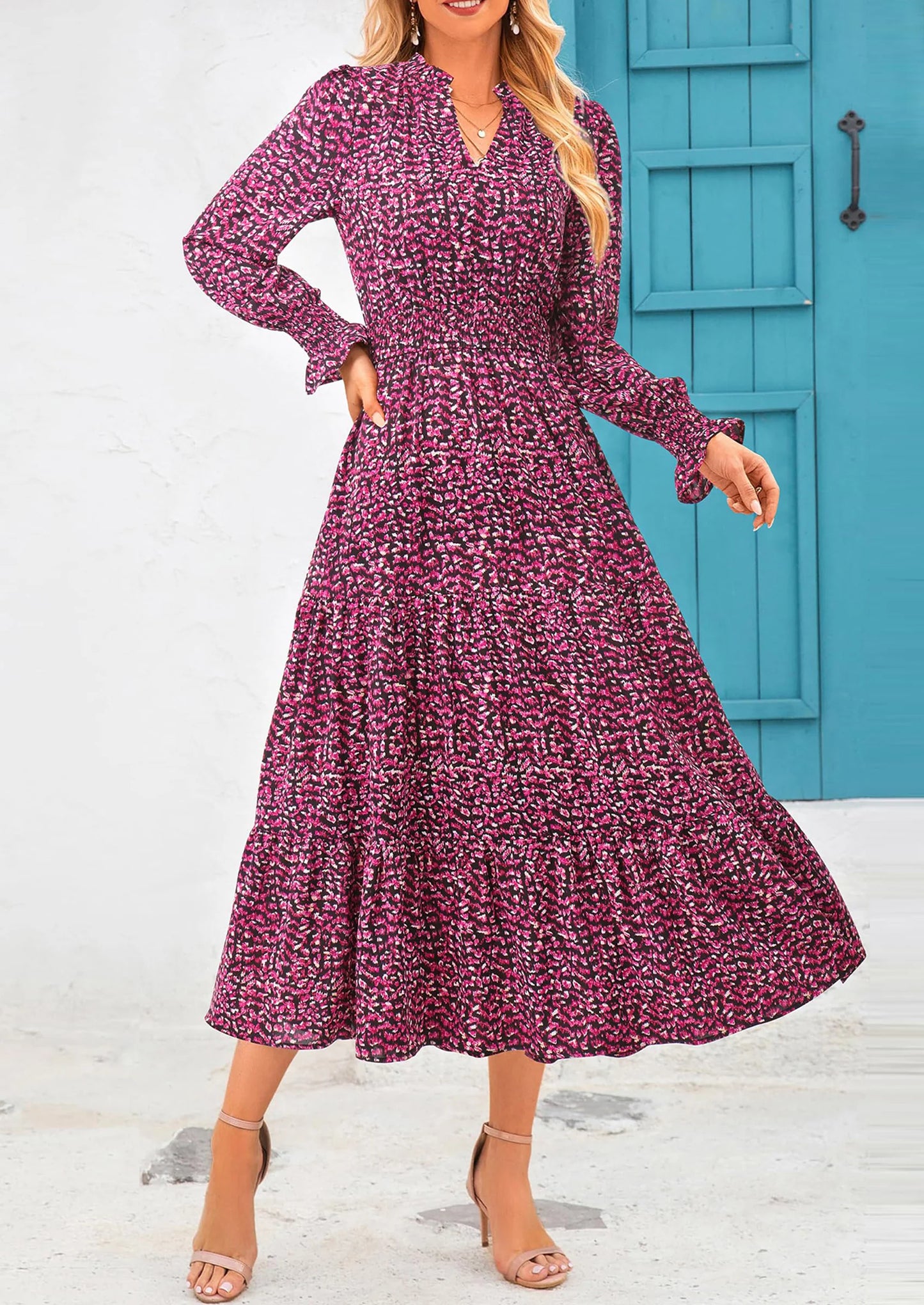 Women's Floral Maxi Dress Spring Long Sleeve V Neck Casual A Line Long Flowy Boho Party Dresses