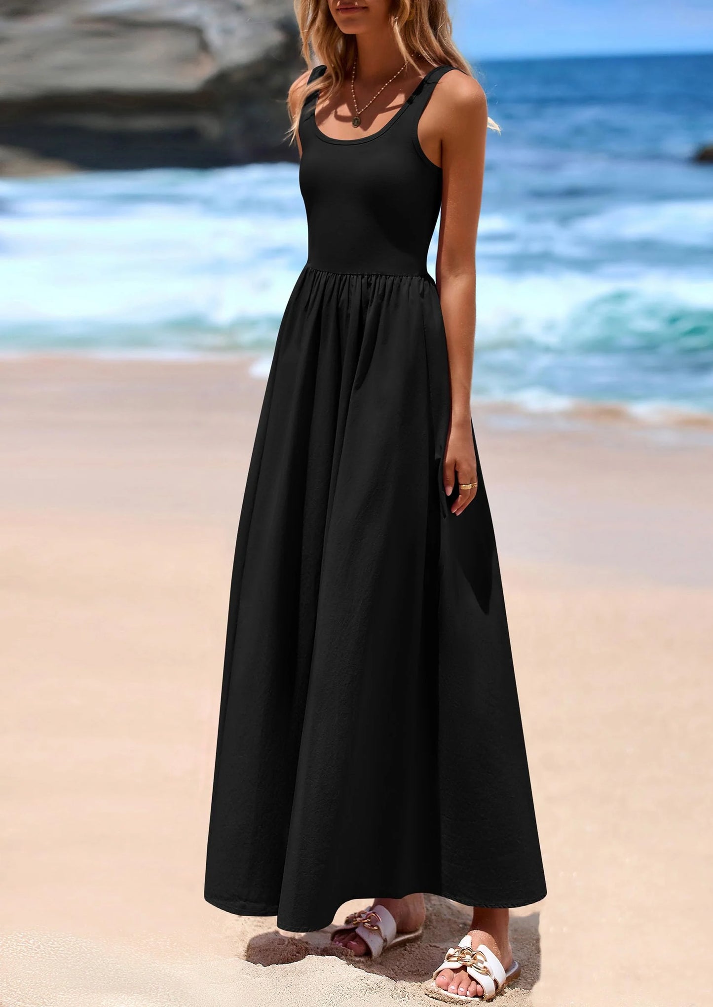Womens Summer Casual Scoop Neck Sleeveless Long Dresses Tank Top Patchwork Aline Swing Maxi Dress with Pockets