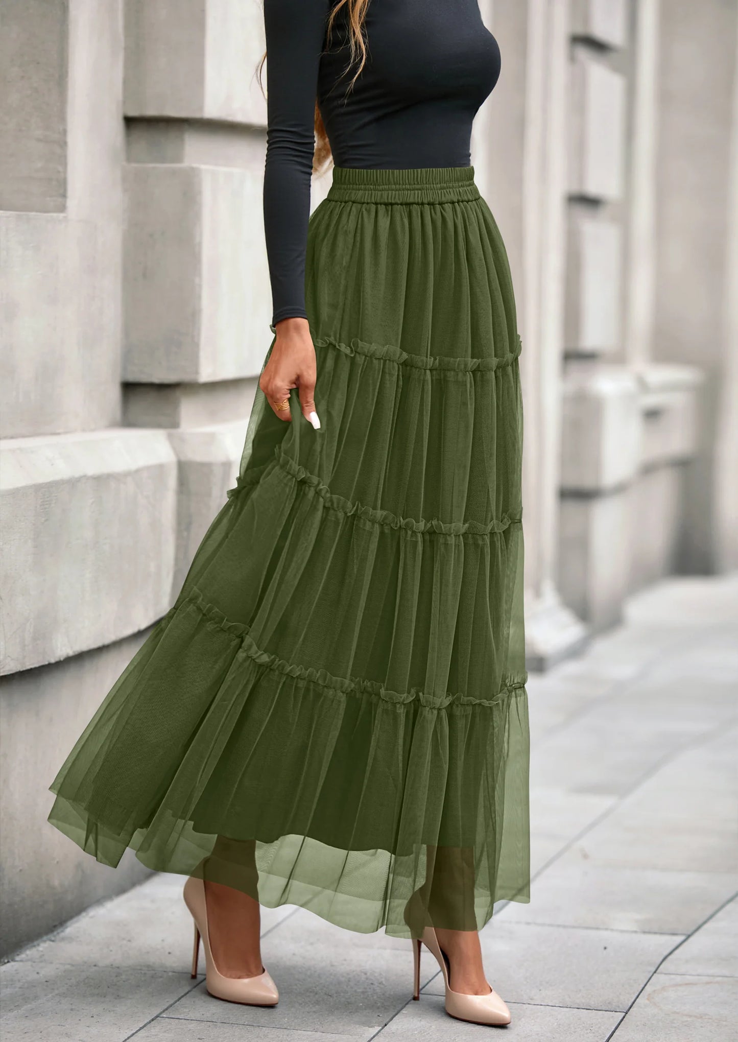 Maxi Skirts for Women Fall Tulle High Waisted Ruffle Flowy A-Line Long Skirt Country Concert Outfits