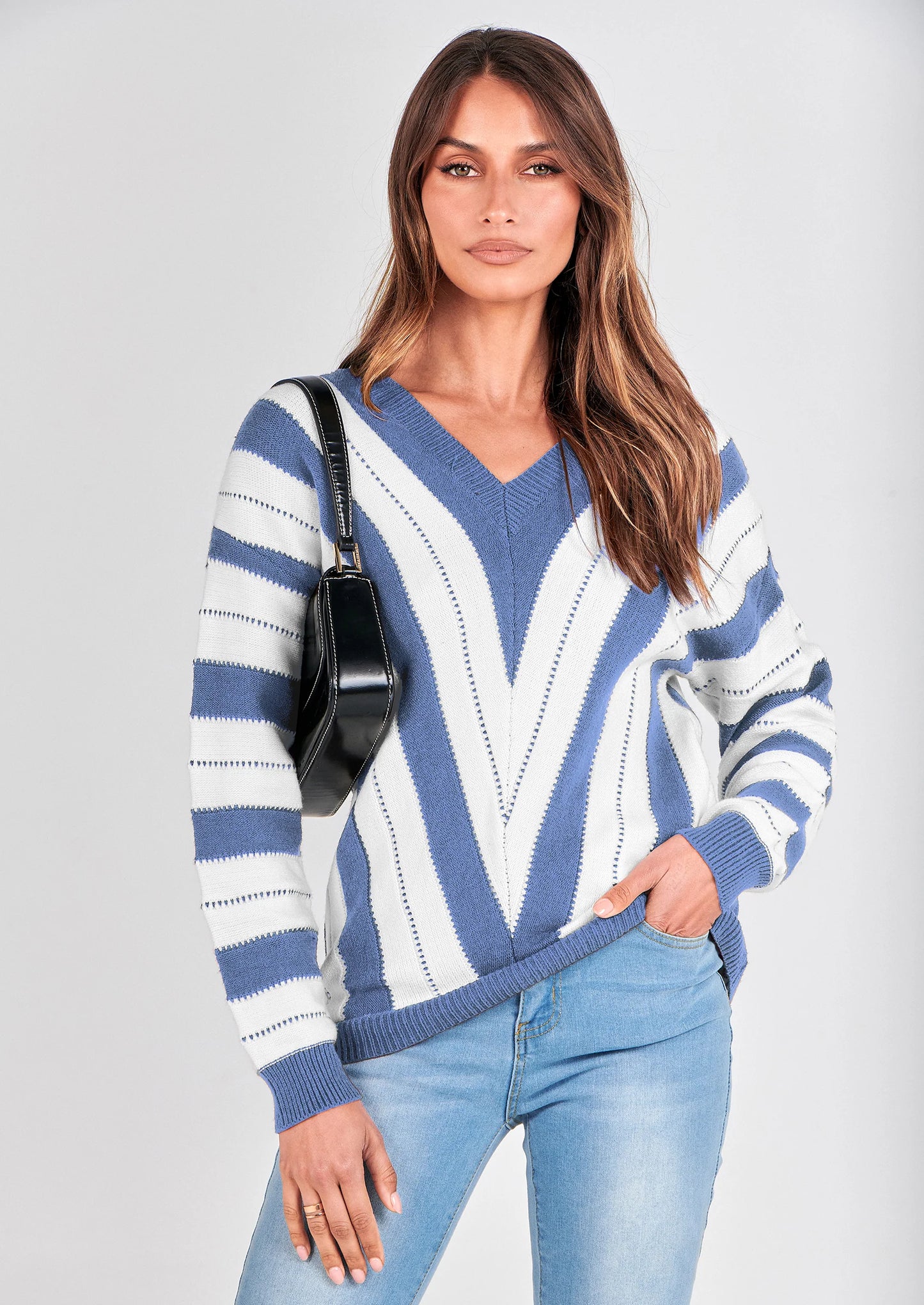 Women's Fashion Long Sleeve Striped Color Block Knitted Sweater Crew Neck Loose Pullover Jumper Tops