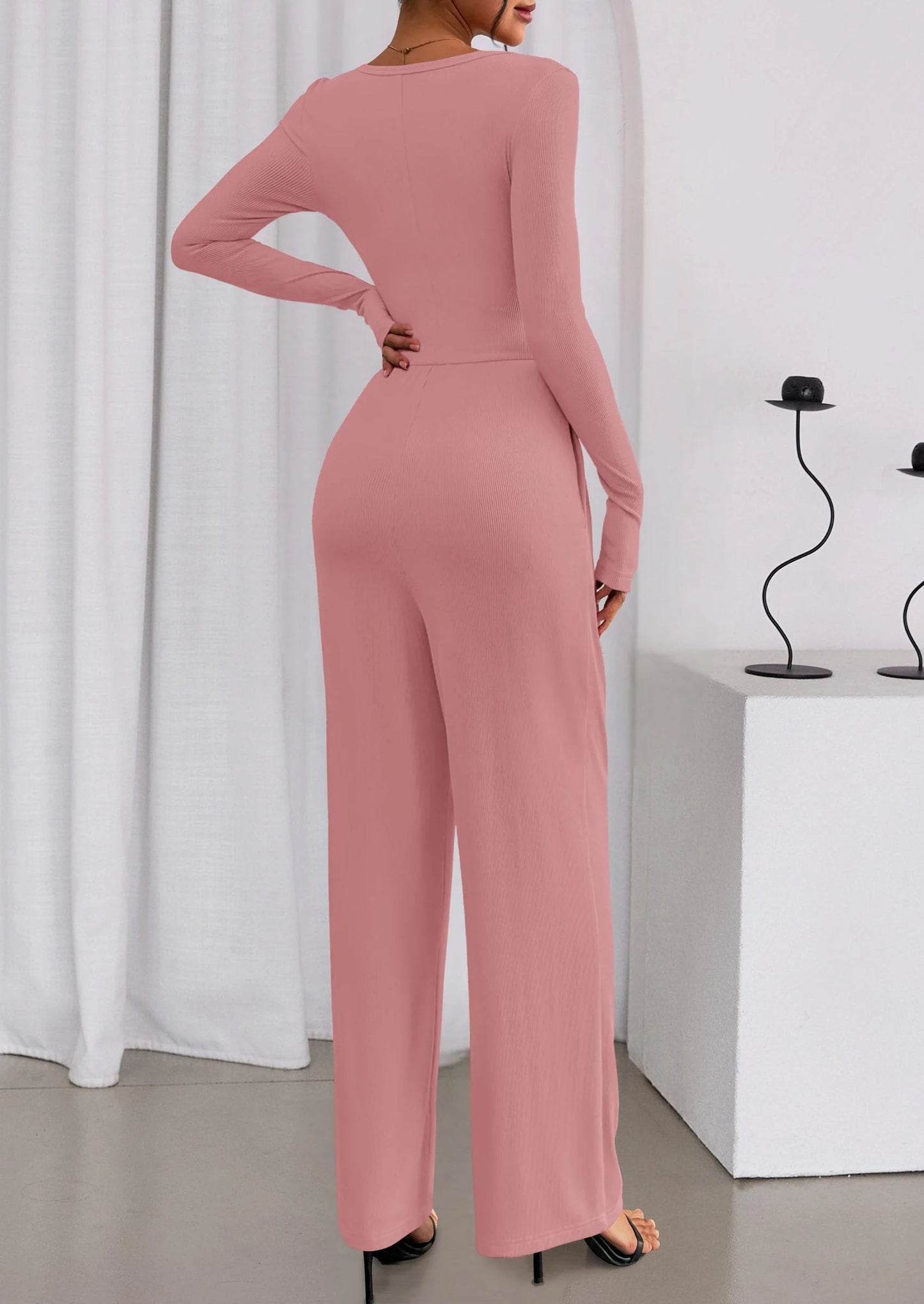 Jumpsuits for Women Dressy Casual Fall One Piece Outfits Long Sleeve Crew Neck Wide Leg Pants Rompers