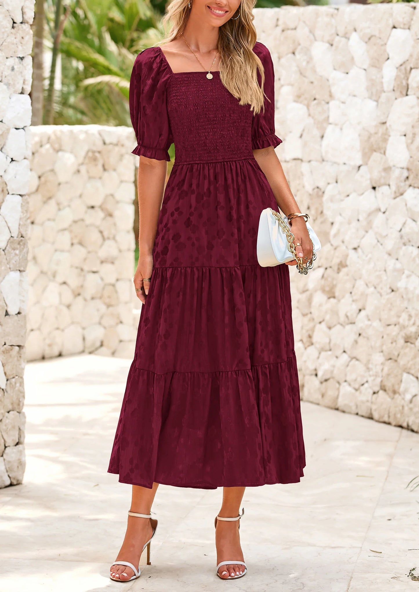 Women's Casual Midi Dresses Square Neck Short Sleeve Smocked A Line Floral Flowy Elegant Boho Dress
