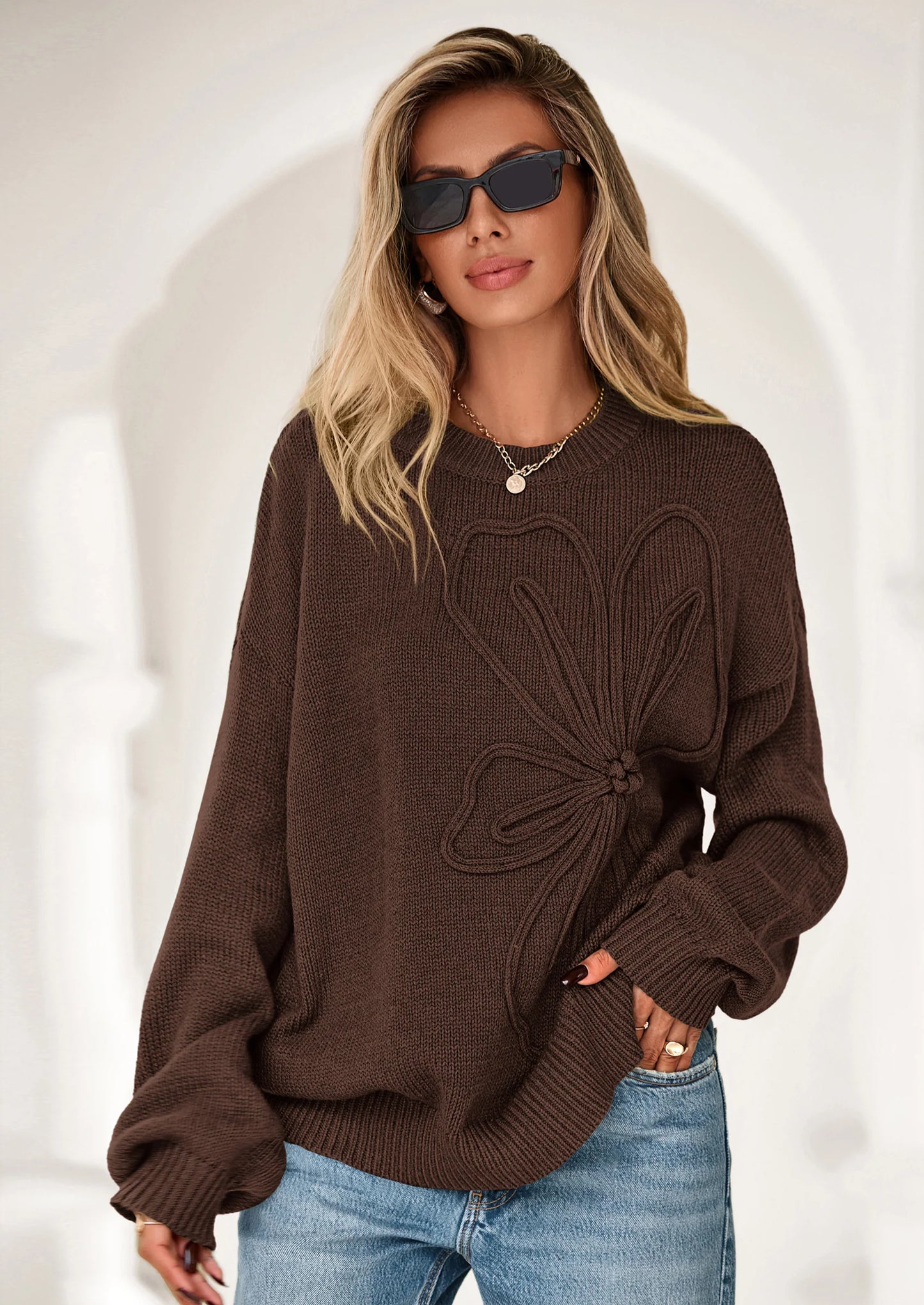 Womens Sweaters Fall Fashion Long Sleeve Crewneck Floral Knit Pullover Sweater Tops Winter Clothes