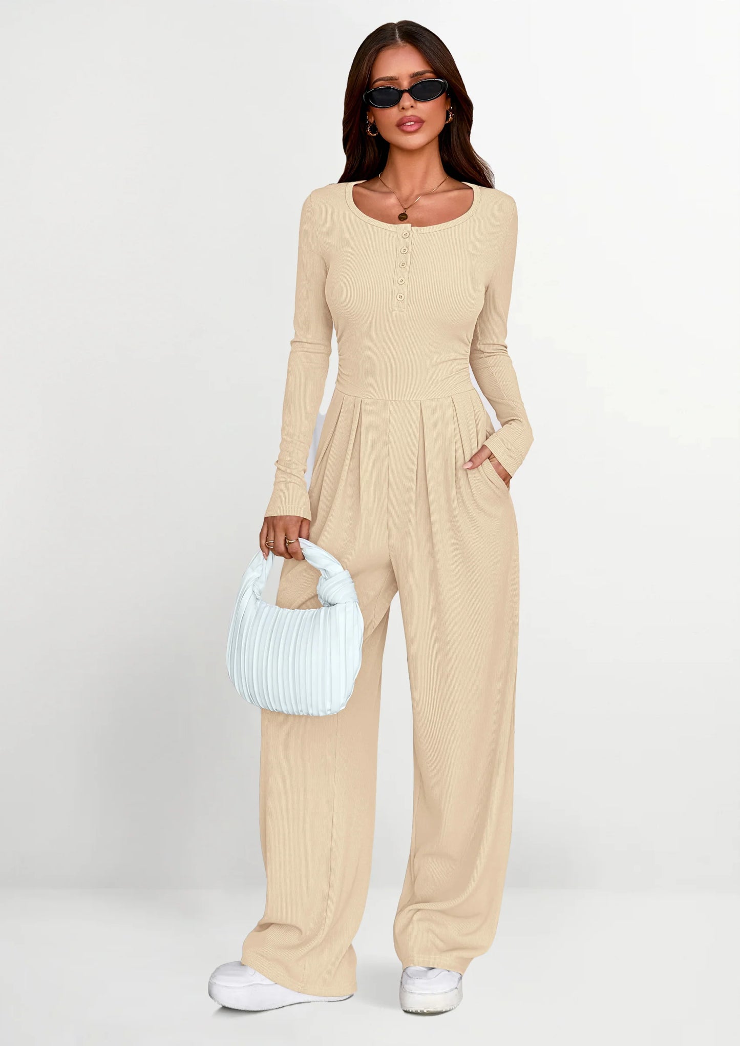Jumpsuits for Women Dressy Casual Fall One Piece Outfits Long Sleeve Crew Neck Wide Leg Pants Rompers