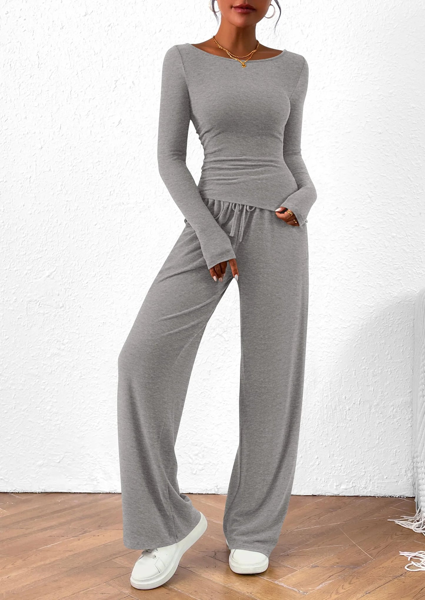 Women's 2 Piece Lounge Sets Asymmetrical Long Sleeve T Shirt Wide Leg Pants Casual Outfits Tracksuit