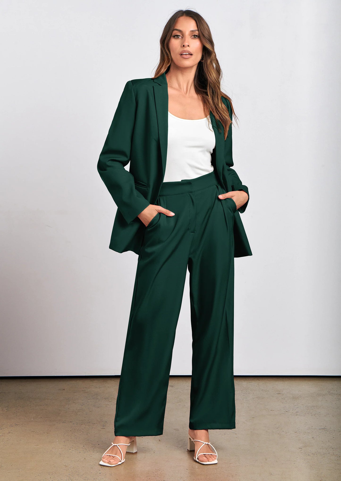 Women's Fall Two Piece Outfits Dressy Blazer Jacket and Wide Leg Pants Pockets Business Casual Office Suit Sets