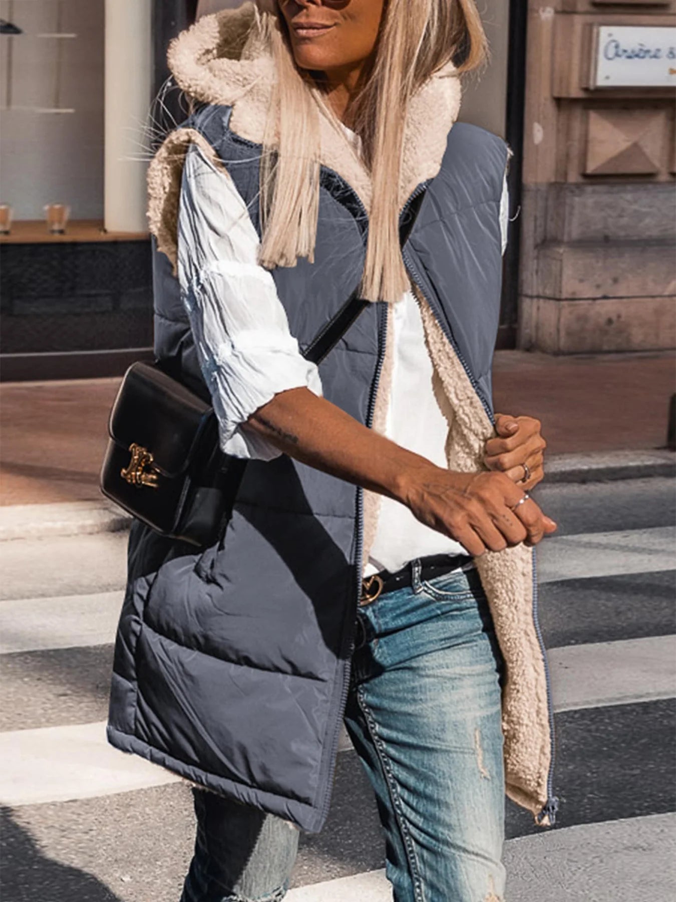 Womens Fall Reversible Vests Sleeveless Fleece Jacket Zip Up Hoodie Pockets Long Warm Winter Coat Outerwear