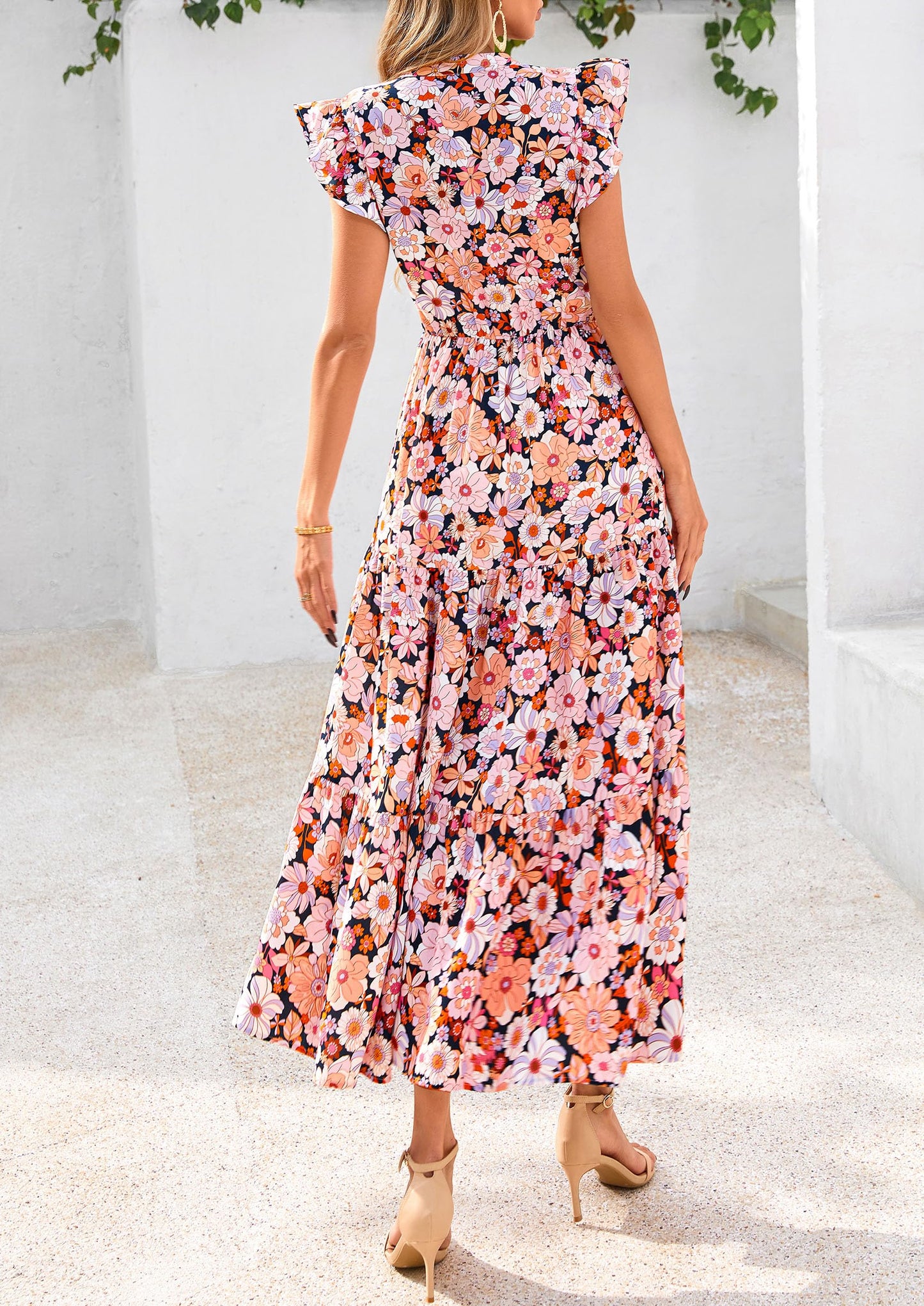 Women's Summer Floral Midi Dress Cap Sleeve V Neck Ruffle Long Flowy Boho Casual Beach Vacation Dresses