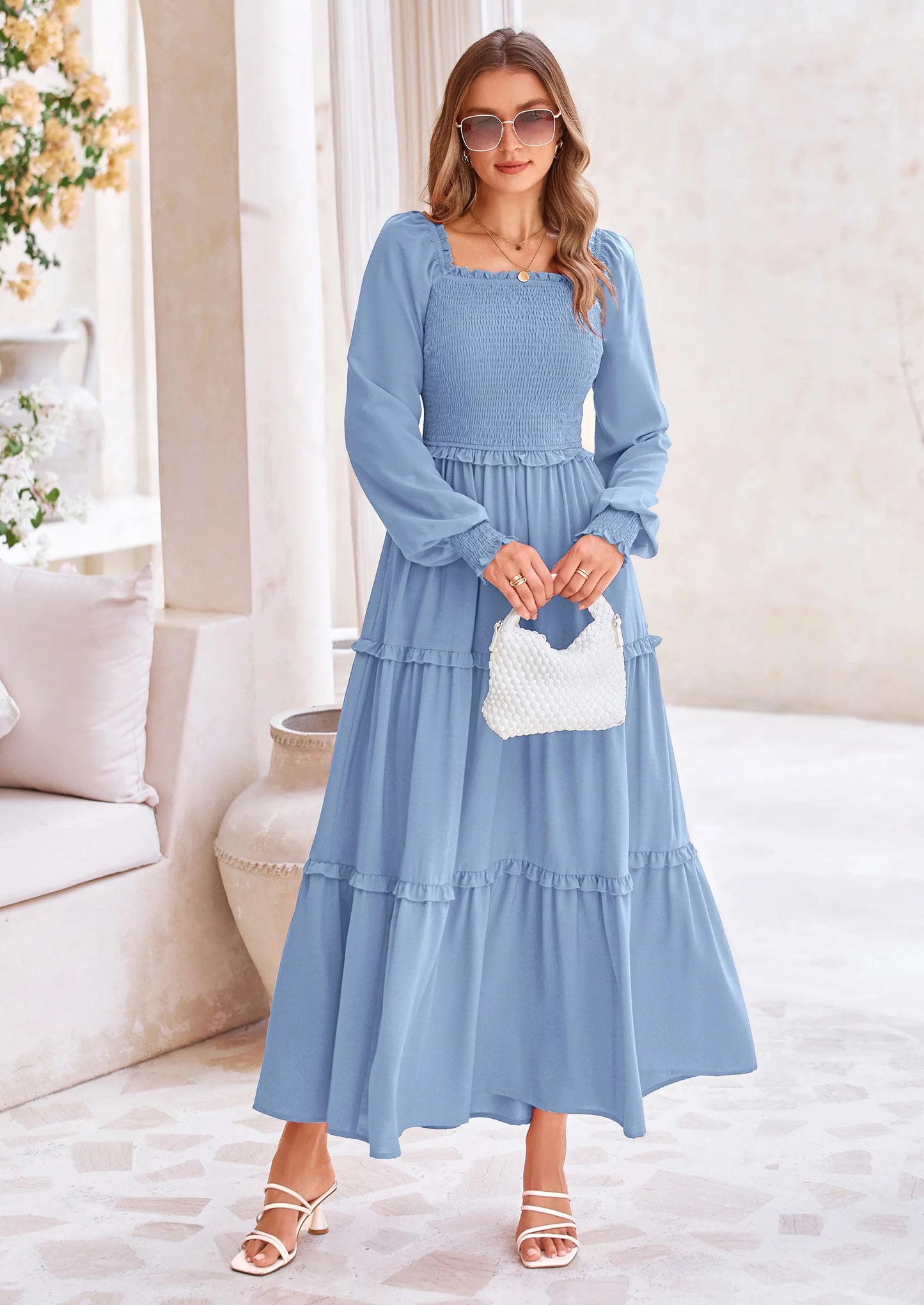 Fall Wedding Guest Dresses for Women Long Sleeve Square Neck Tiered A Line Modest Elegant Flowy Dresses